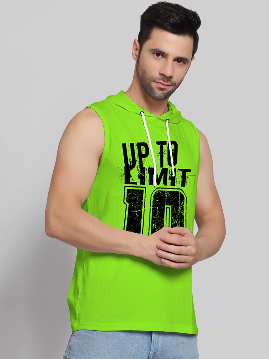 

Juxar Printed Cotton Hooded Sleeveless Gym Vest, Green