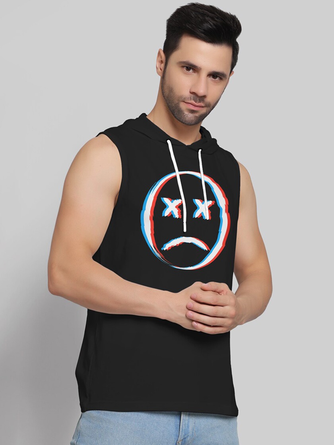 

Juxar Printed Cotton Hooded Sleeveless Gym Vest, Black