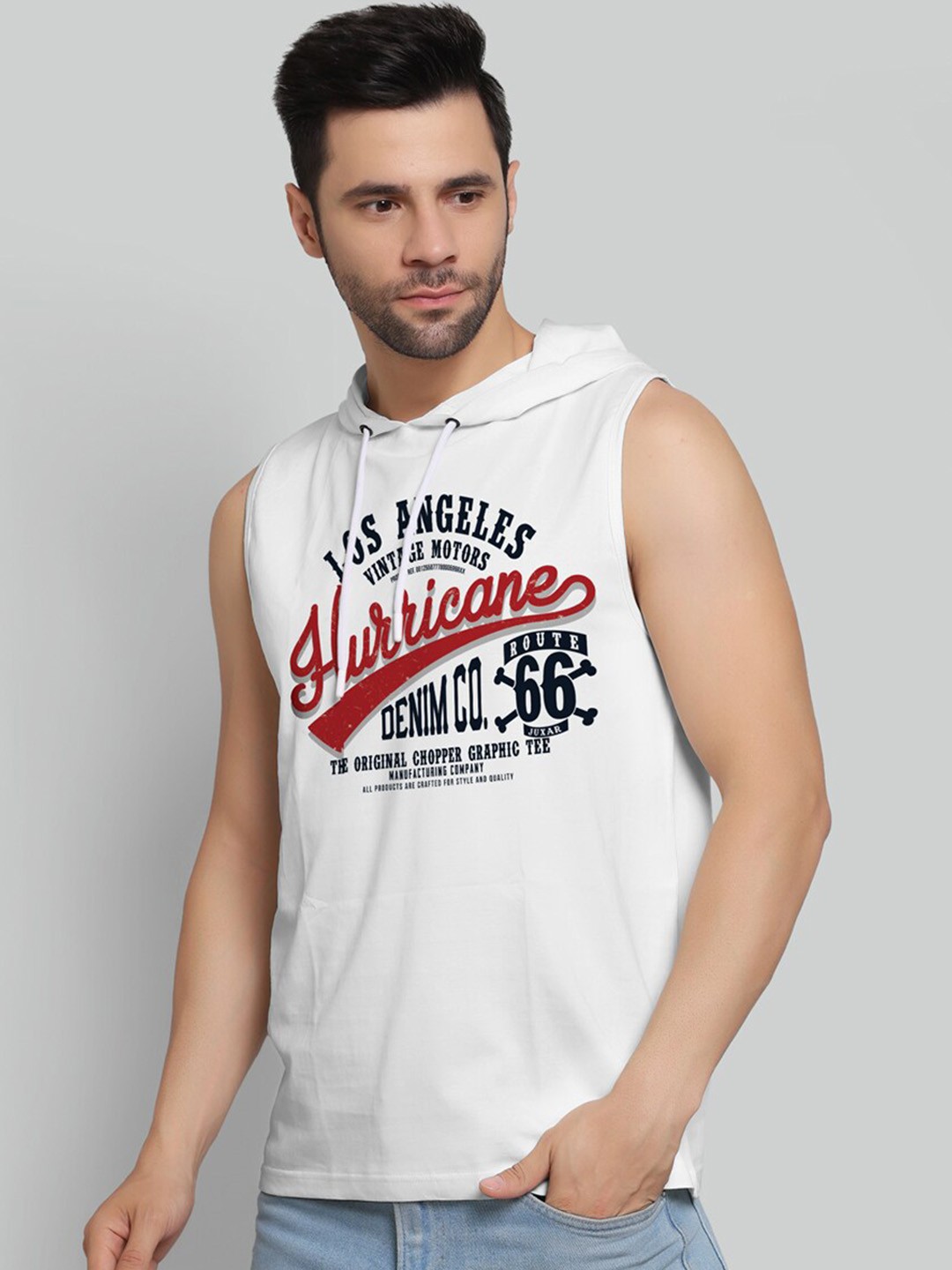 

Juxar Printed Cotton Hooded Sleeveless Gym Vest, White