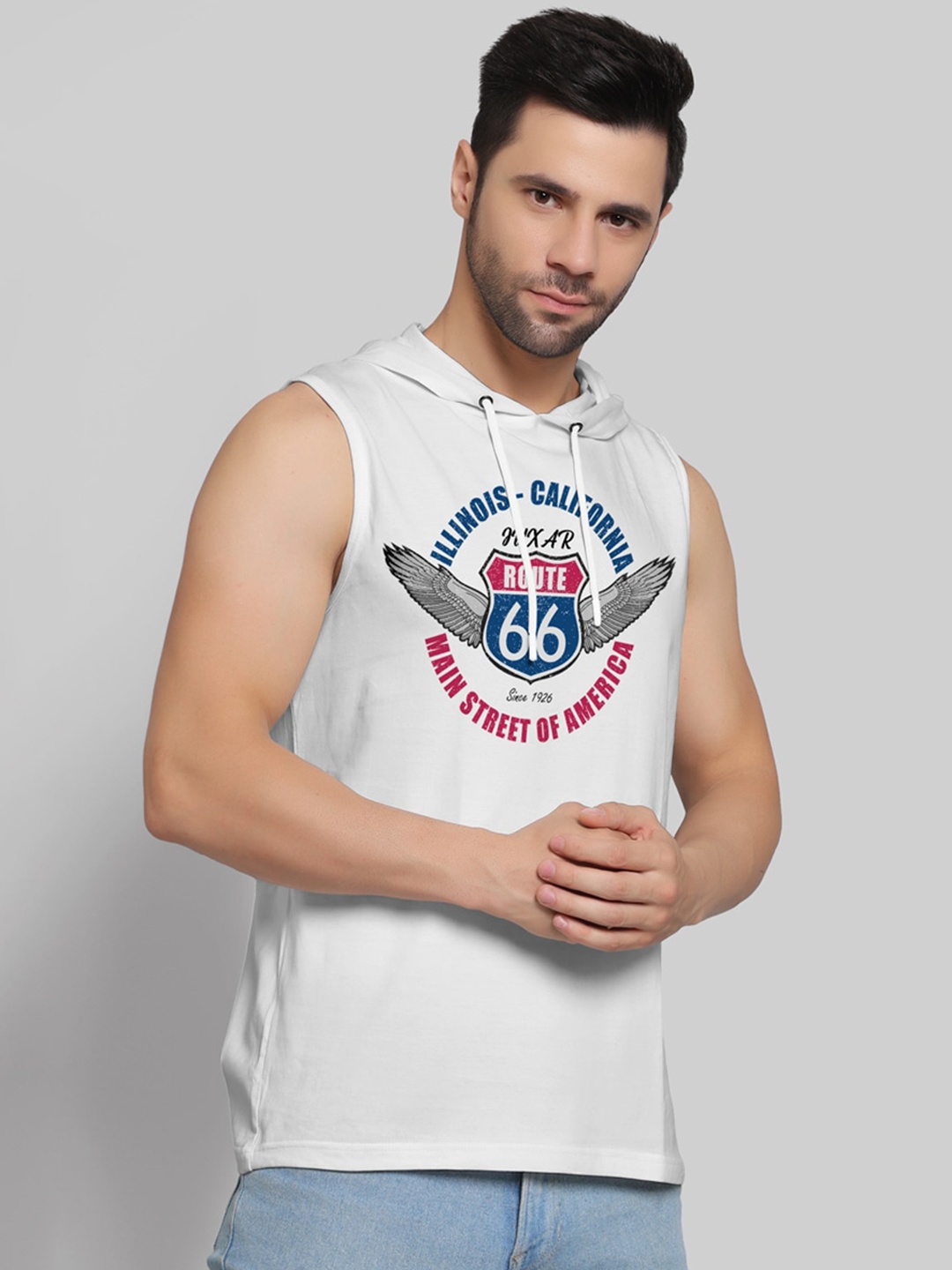 

Juxar Printed Cotton Hooded Sleeveless Gym Vest, White