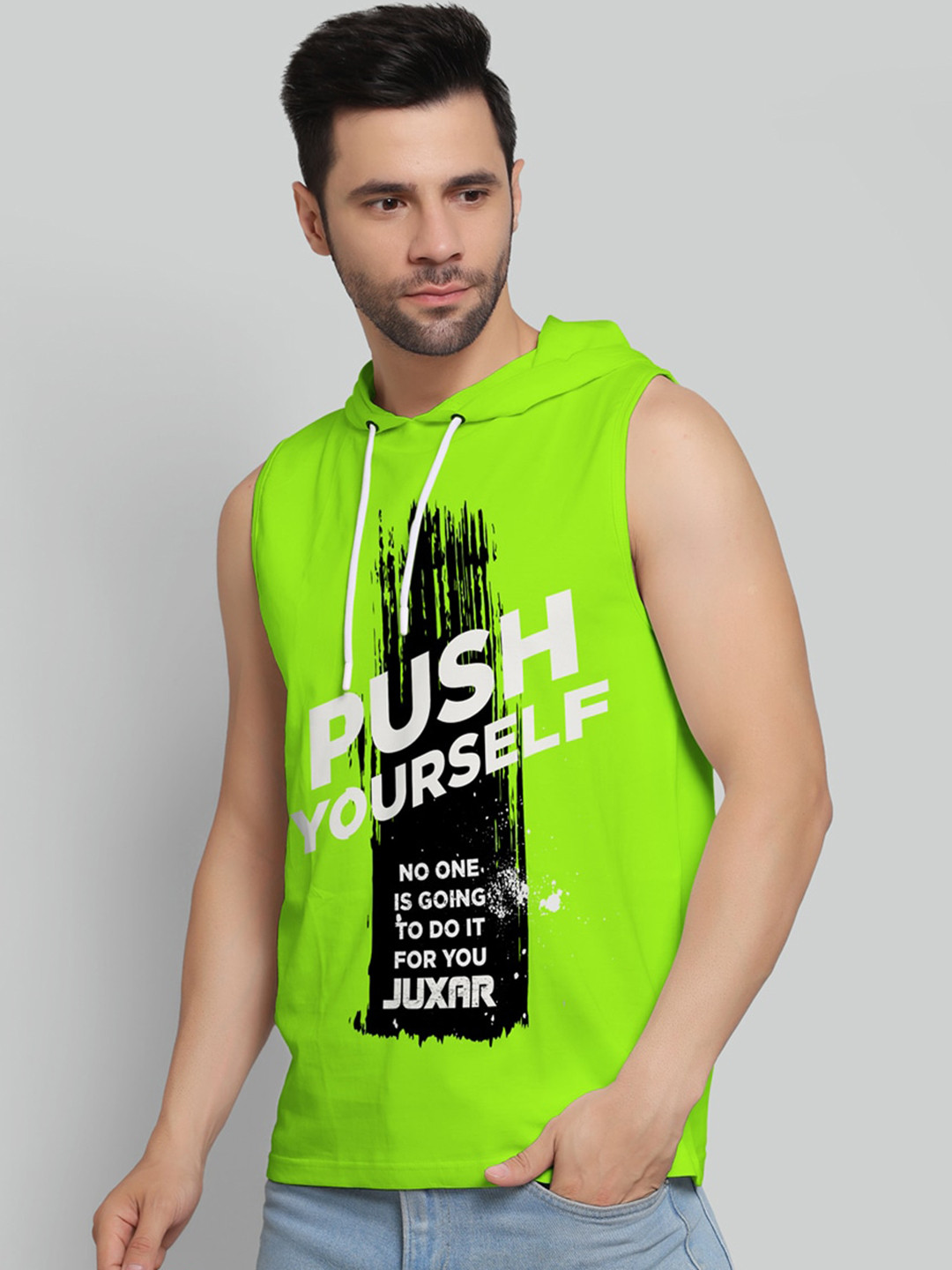

Juxar Printed Cotton Hooded Sleeveless Gym Vest, Green