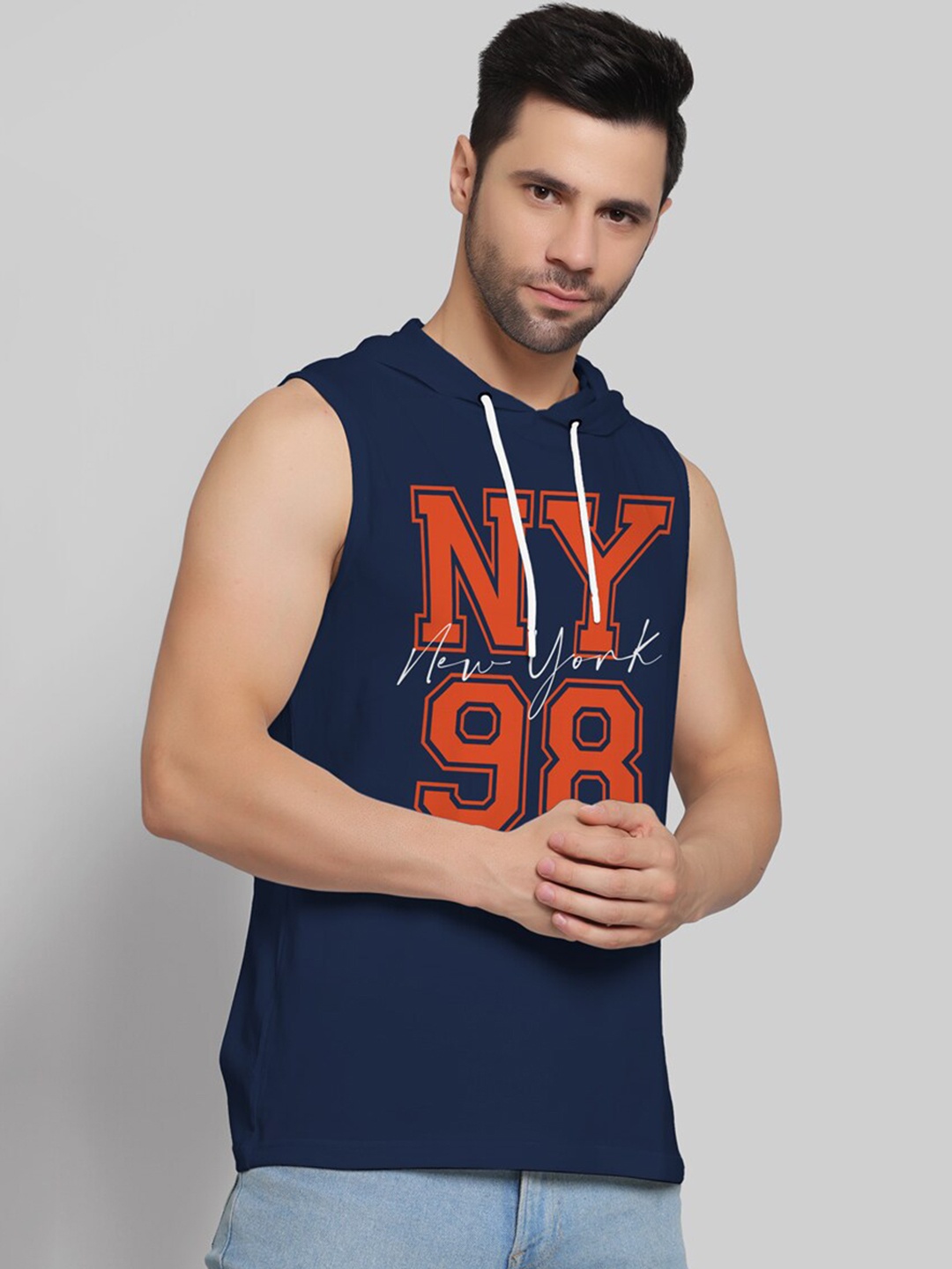Juxar Printed Cotton Hooded Sleeveless Gym Vest, Navy blue