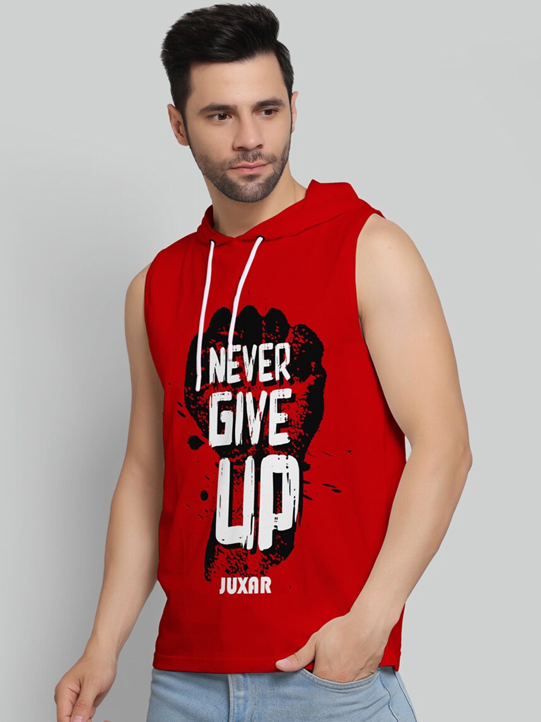 

Juxar Printed Cotton Hooded Gym Vests HODSDO-014-RD-XS, Red