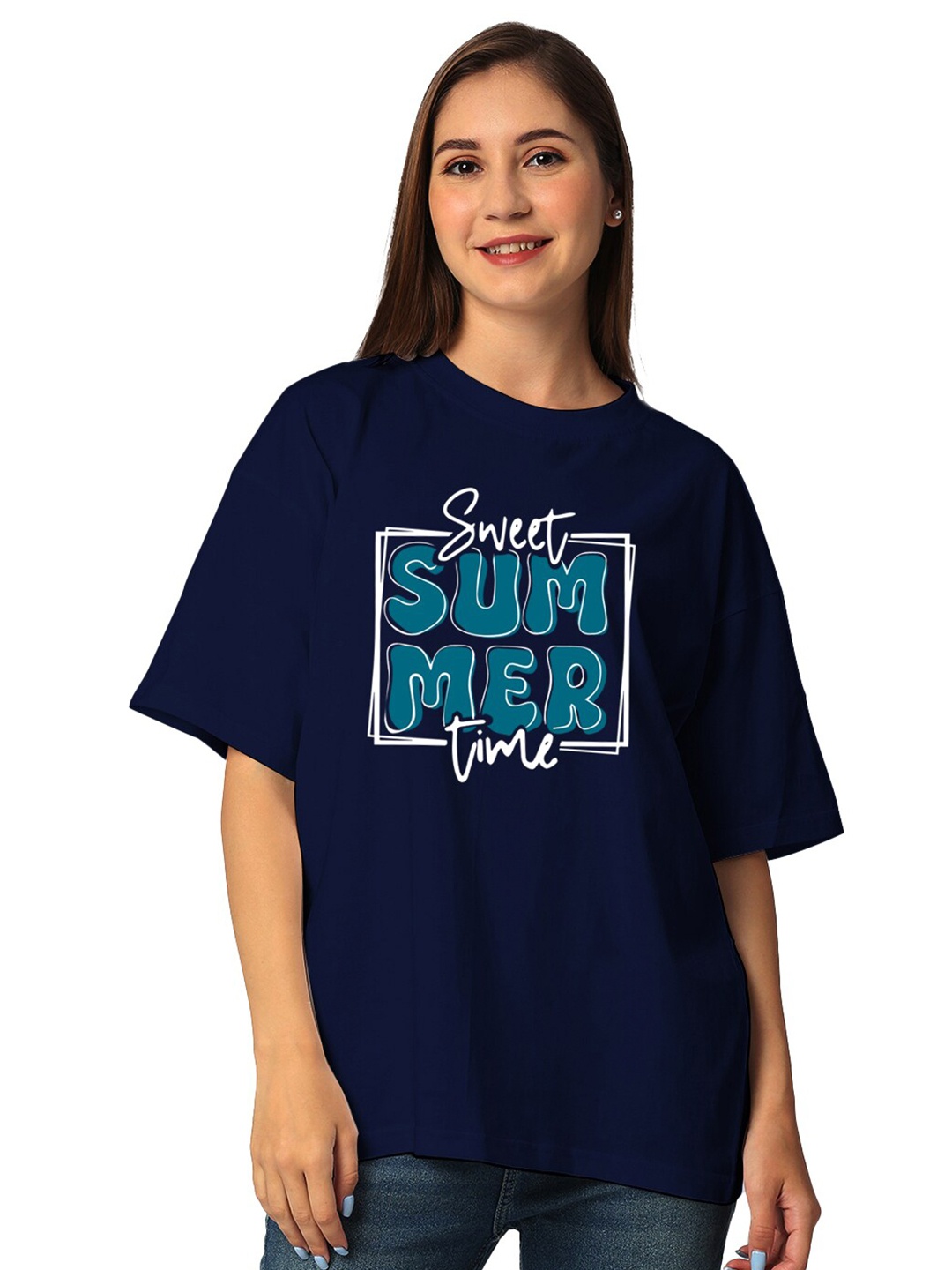 

STATUS MANTRA Women Pure Cotton Half Sleeves Applique T-shirt, Navy blue