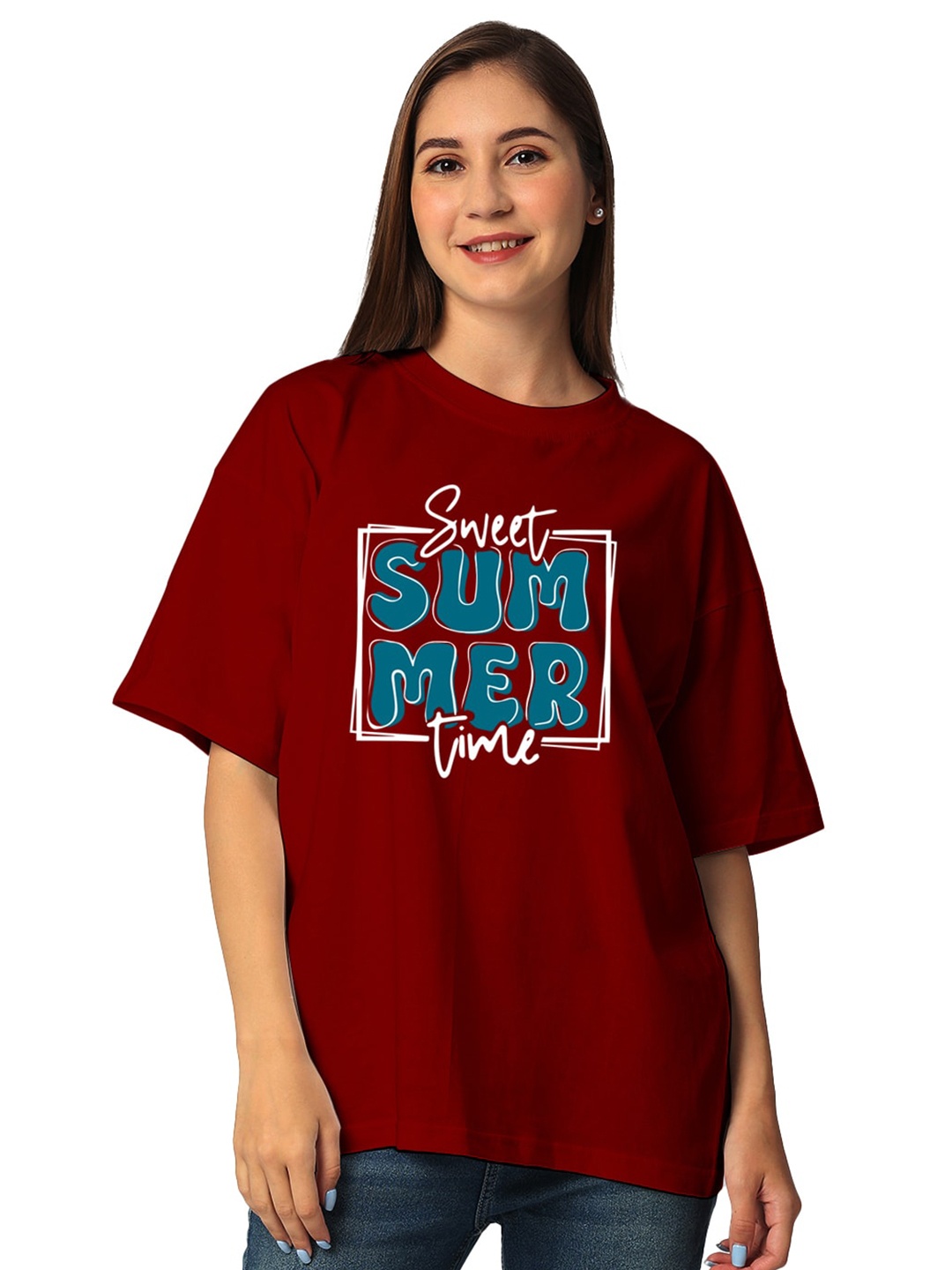 

STATUS MANTRA Women Typography Printed Pure Cotton Half Sleeves T-shirt, Maroon