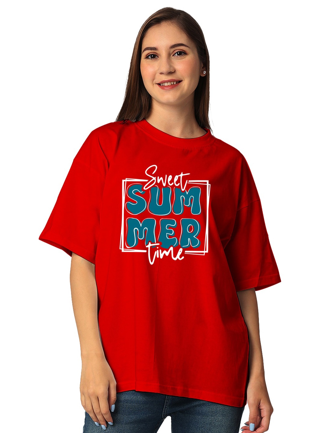 

STATUS MANTRA Women Typography Printed Pure Cotton Half Sleeves T-shirt, Red