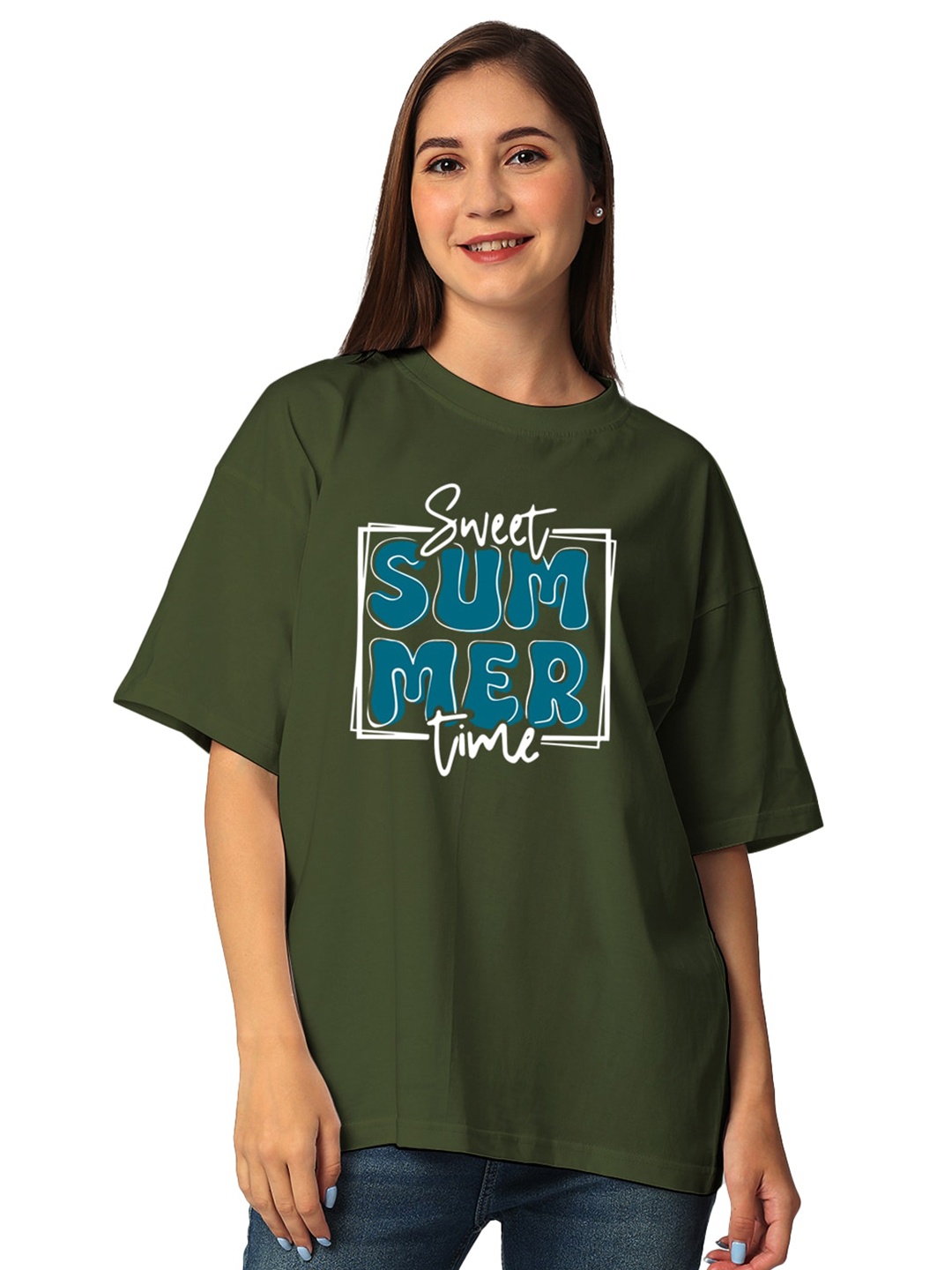 

STATUS MANTRA Women Typography Printed Pure Cotton Half Sleeves T-shirt, Olive