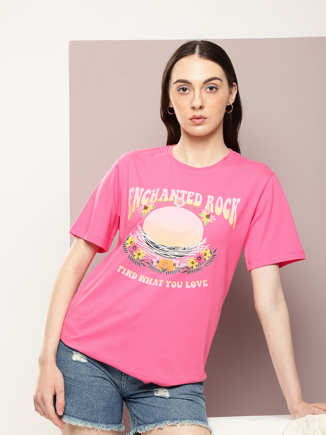 

Kook N Keech Printed Drop-Shoulder Sleeves Oversized Pure Cotton T-shirt, Pink
