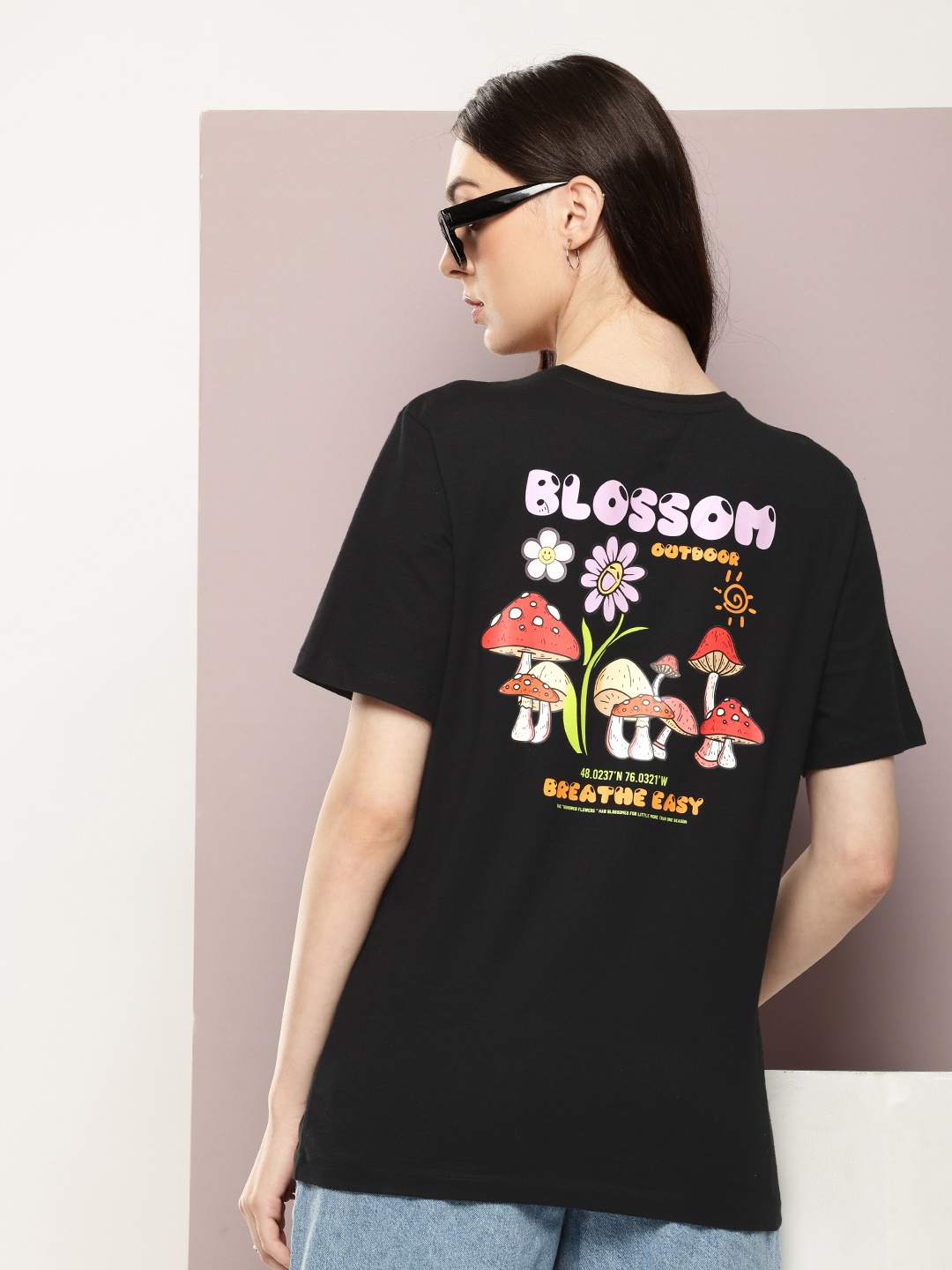 

Kook N Keech Printed Drop-Shoulder Sleeves Oversized Pure Cotton T-shirt, Black