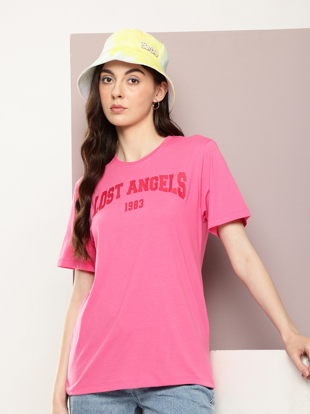 

Kook N Keech Typography Printed Drop-Shoulder Sleeves Oversized Pure Cotton T-shirt, Pink