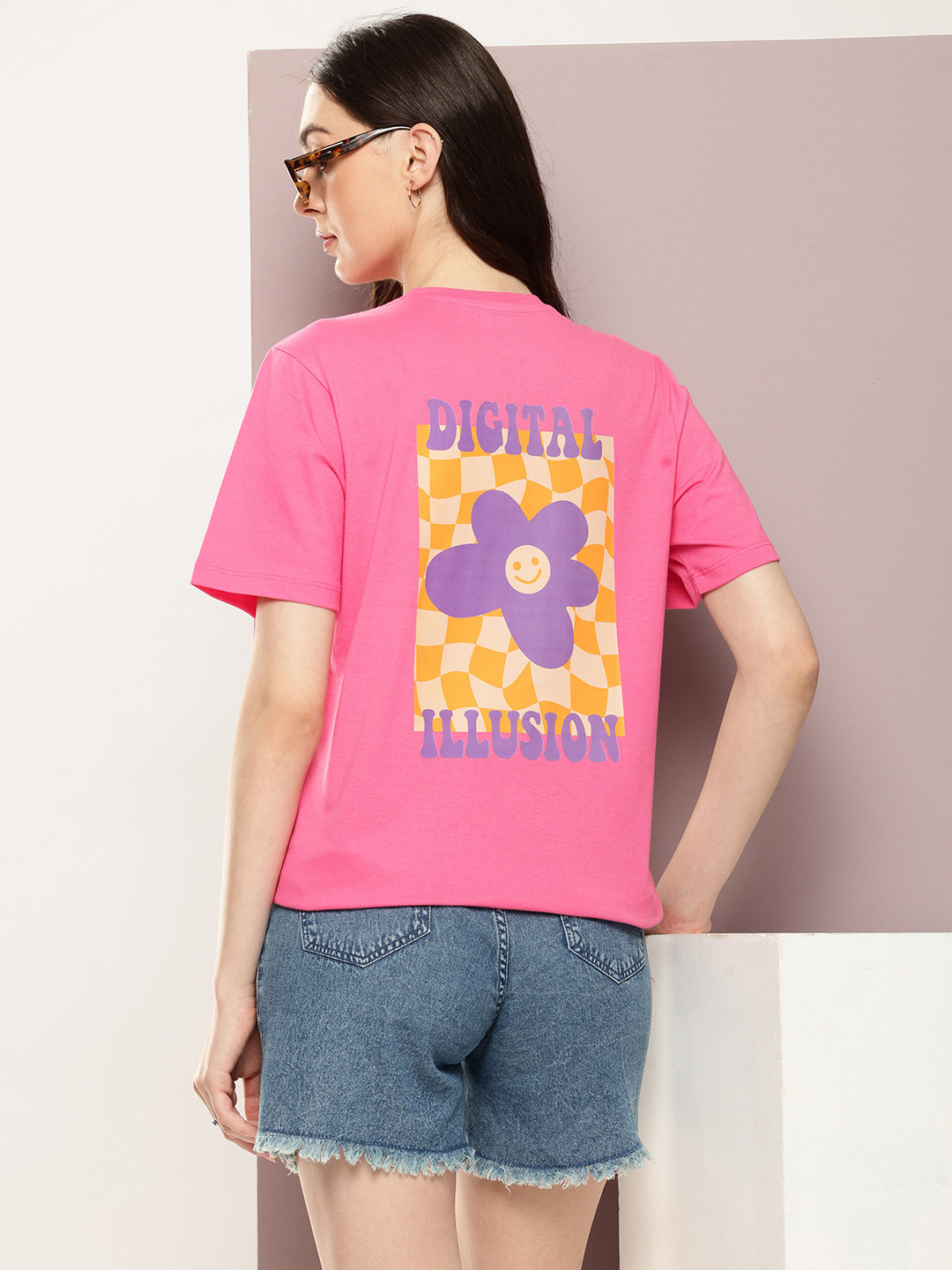 

Kook N Keech Printed Drop-Shoulder Sleeves Oversized Pure Cotton T-shirt, Pink