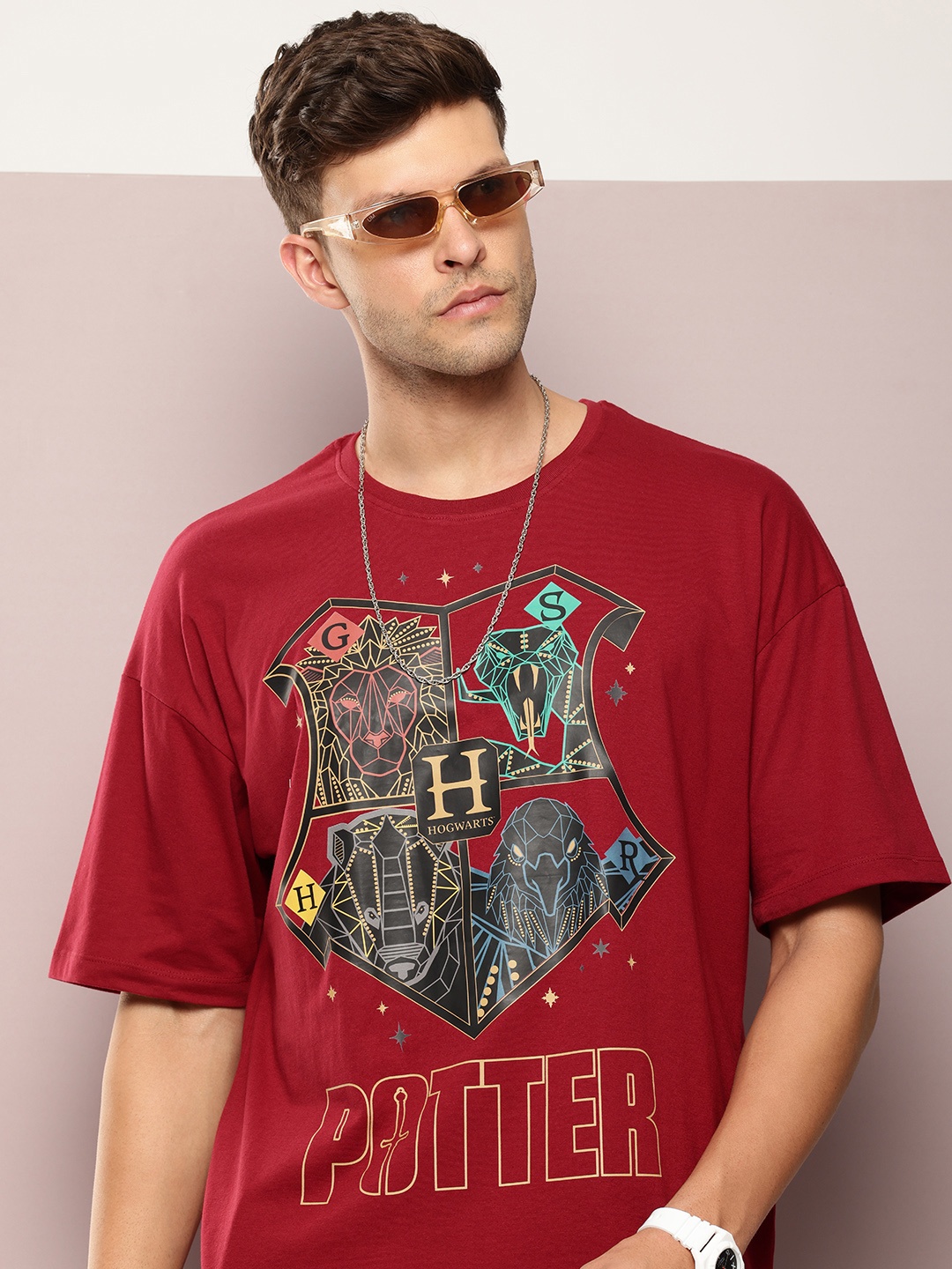 

Kook N Keech Harry Potter Printed Oversized Drop-Shoulder Sleeves Pure Cotton T-shirt, Maroon