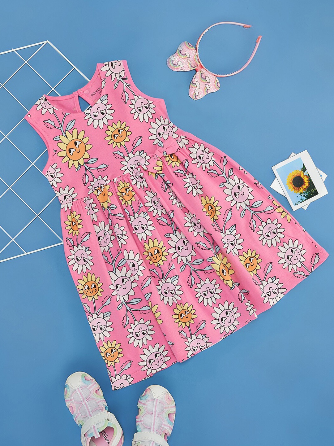 Pantaloons Junior Floral Print Cotton Fit & Flare Dress, Pink