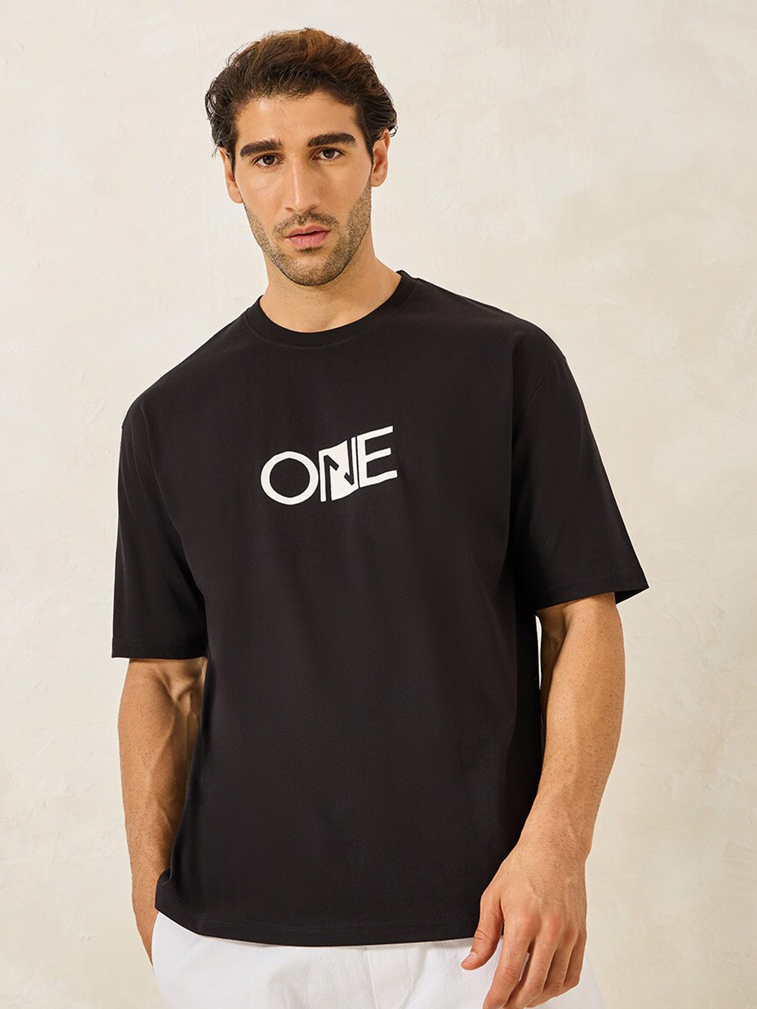 Styli Typography Printed Round Neck Oversized T-shirt, Black