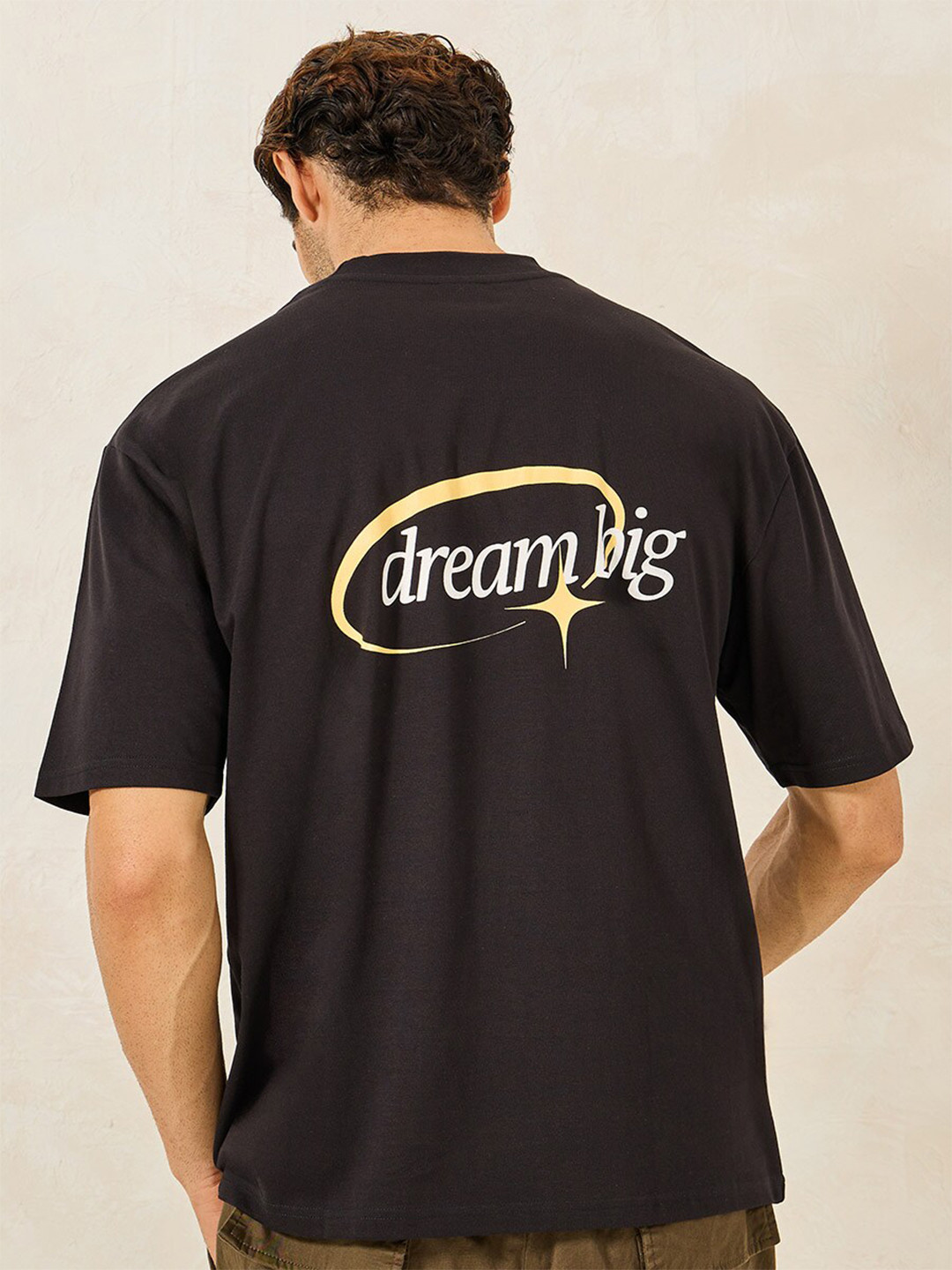 

Styli Black Typography Printed Drop-Shoulder Sleeves Embroidered Oversized T-shirt