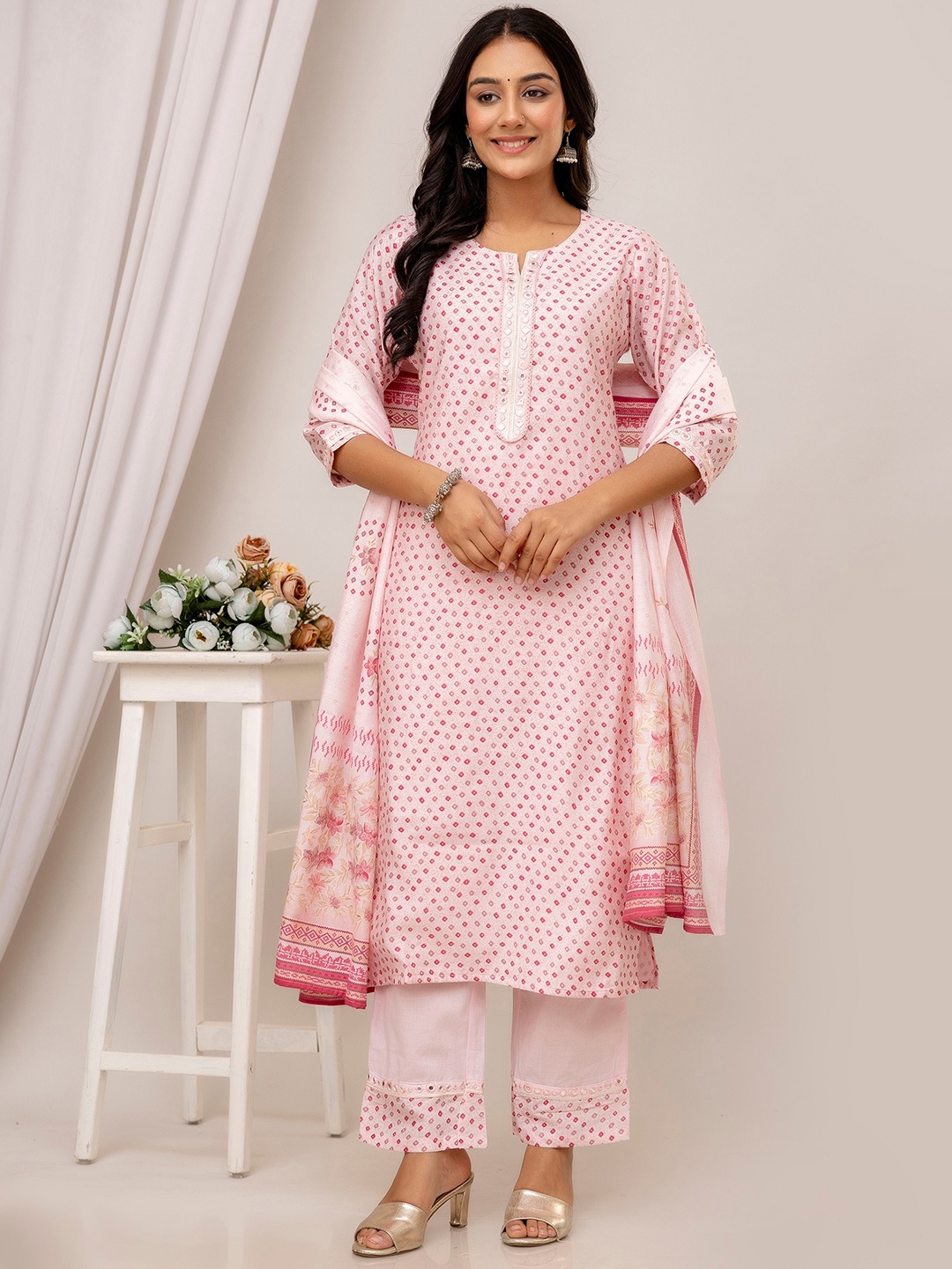 

SHOOLIN Notched Neck Bandhani Printed Mirror Work Pure Cotton Kurta with Trouser & Dupatta, Pink