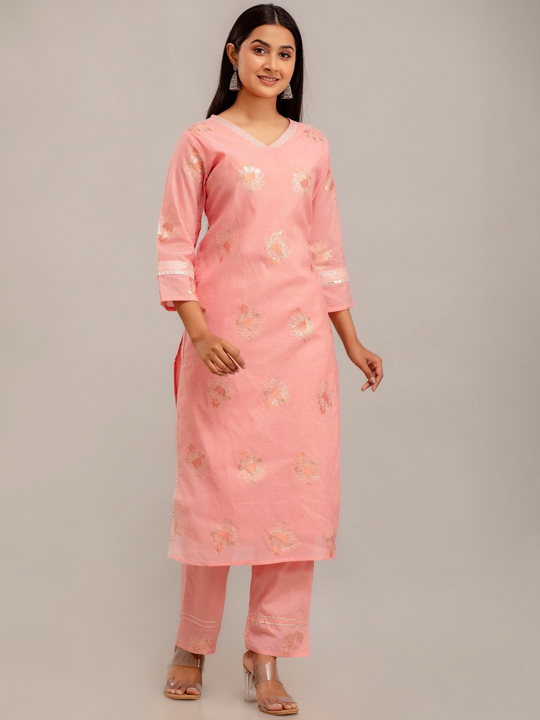 

SHOOLIN V Neck Floral Printed Chanderi Silk Straight Kurta with Trouser, Pink