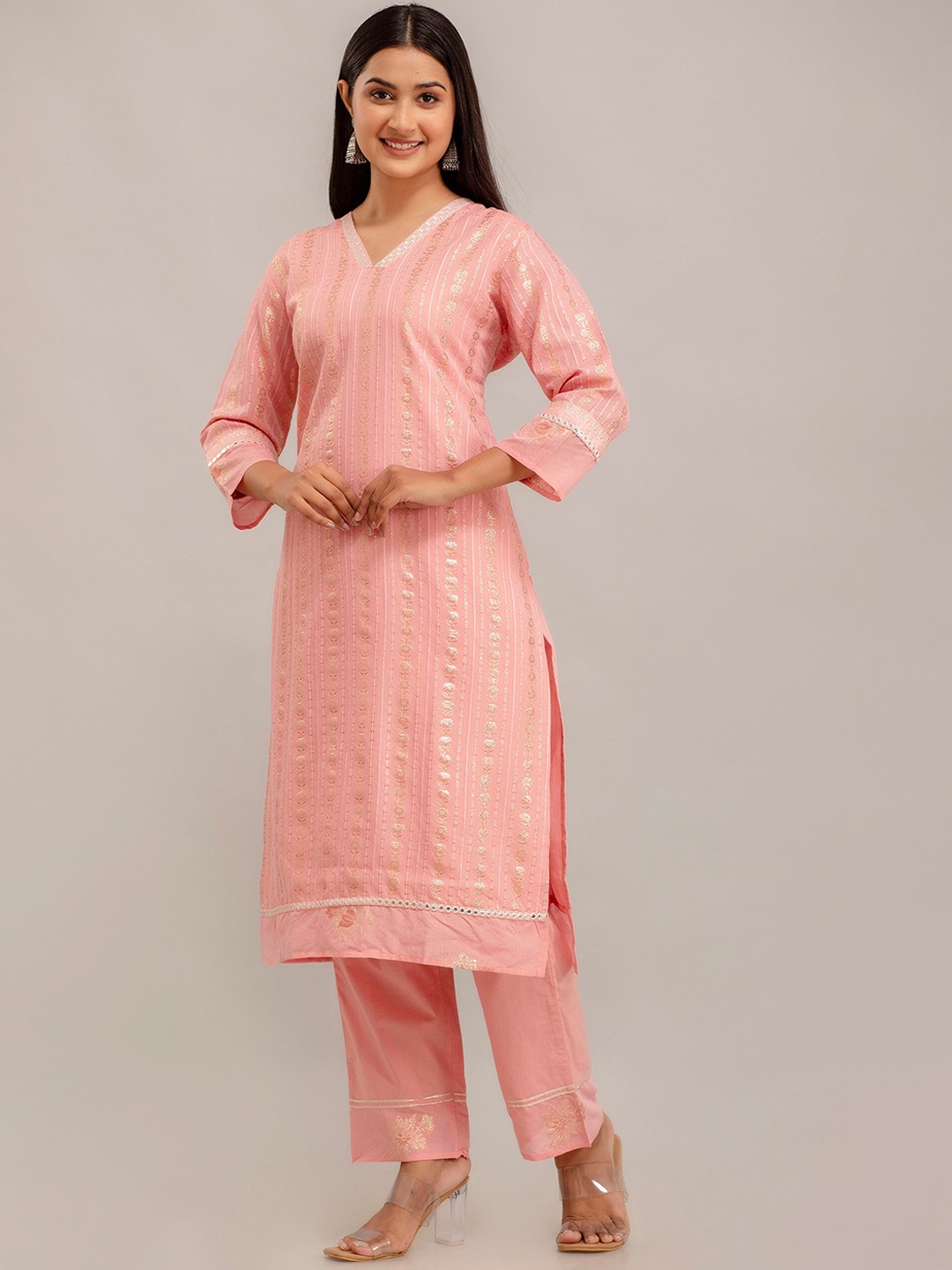 

SHOOLIN V Neck Sequinned Chanderi Silk Straight Kurta with Trouser, Pink