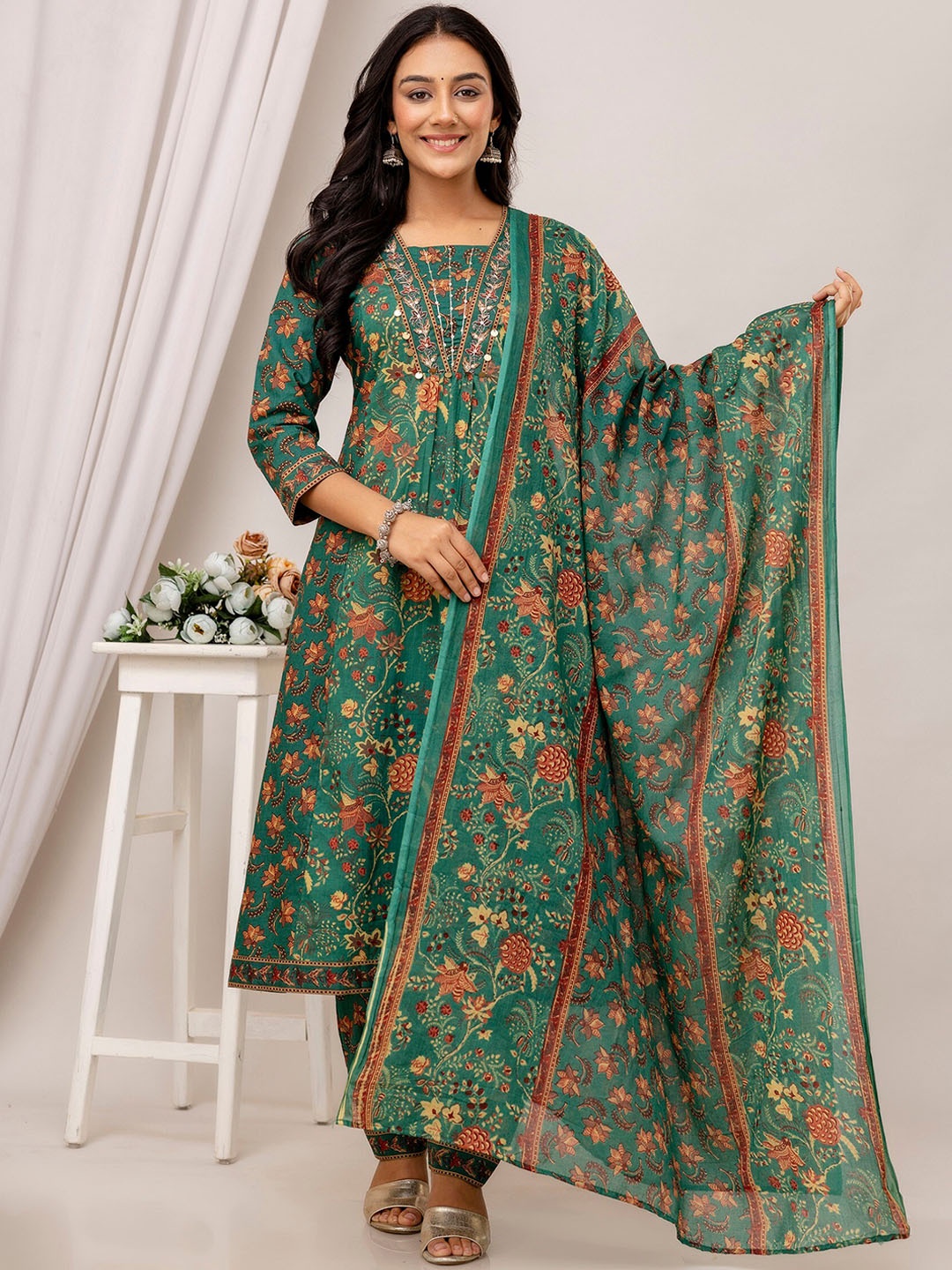 

SHOOLIN Square Floral Printed Pure Cotton A-Line Kurta with Trouser & Dupatta, Green