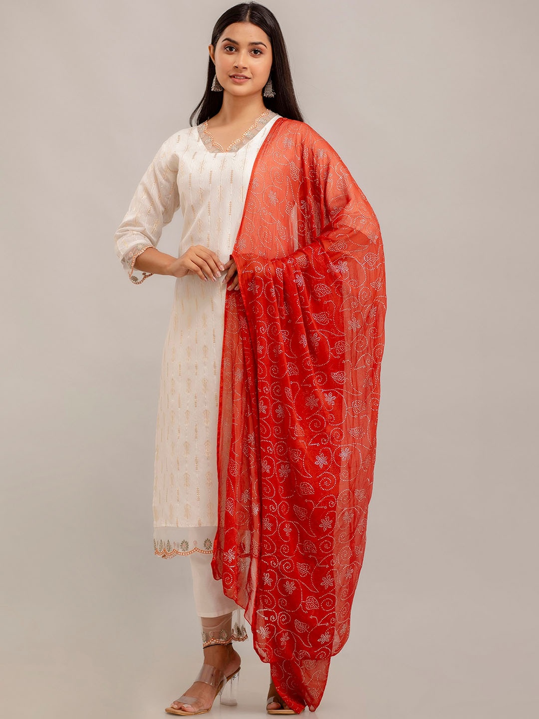 

SHOOLIN V Neck Floral Regular Chanderi Silk Straight Kurta with Trouser & Dupatta, Off white