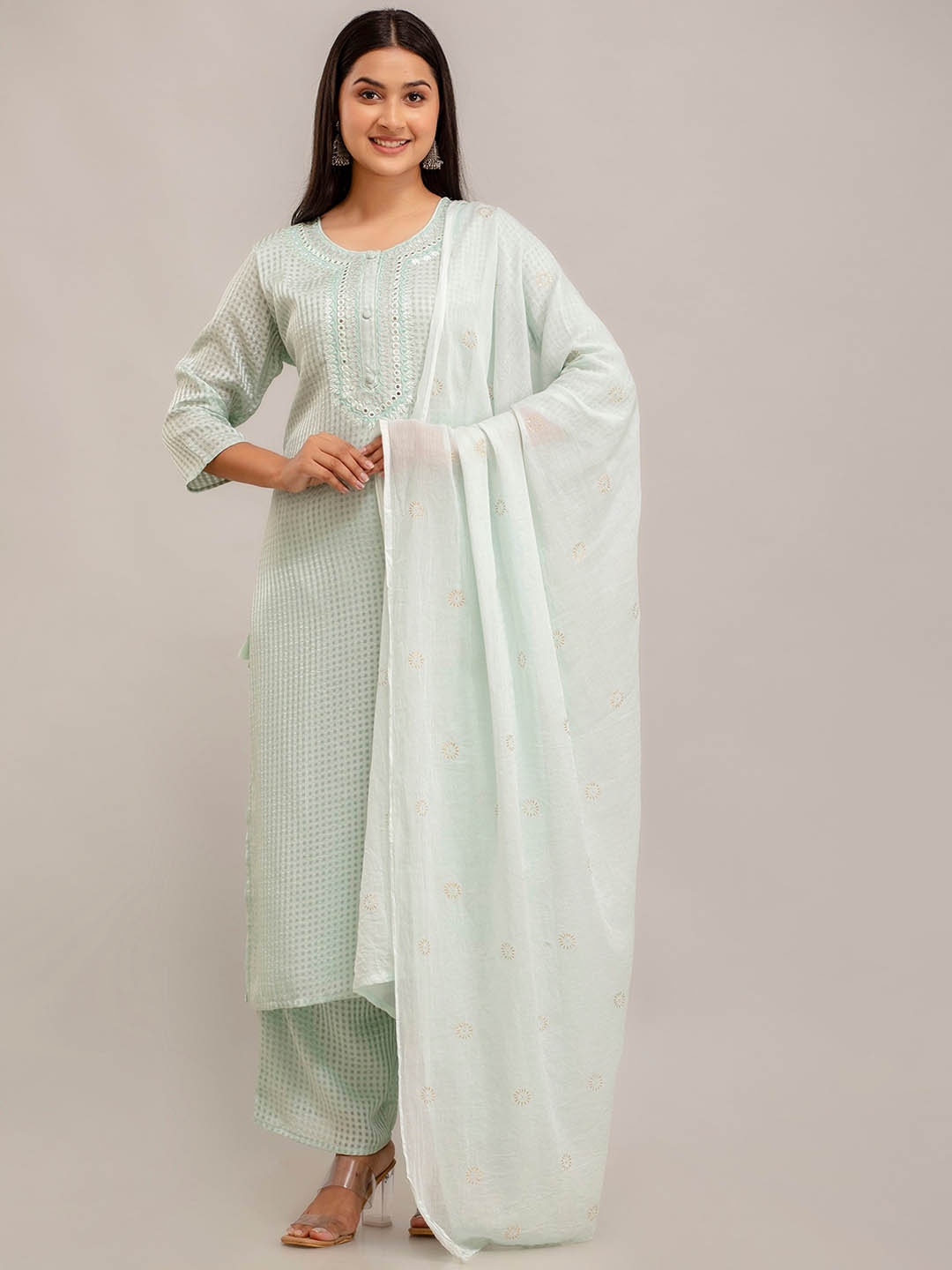 

SHOOLIN Round Neck Mirror Work Pure Cotton Straight Kurta with Trouser & Dupatta, Green