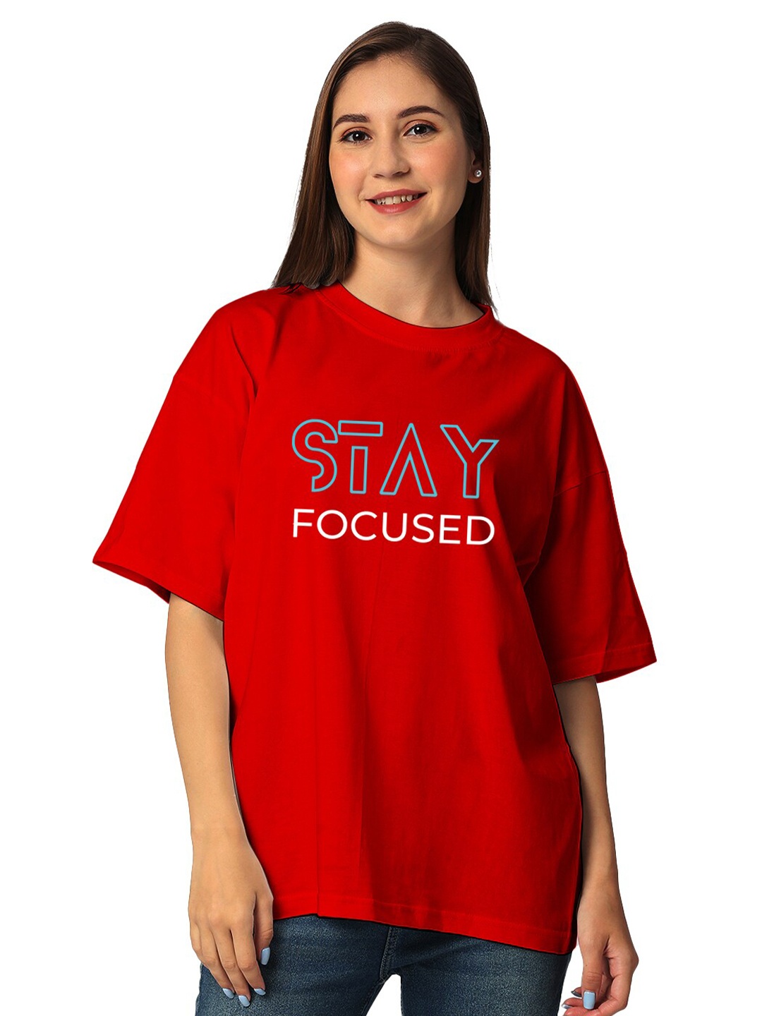 STATUS MANTRA Women Pure Cotton Half Sleeves Applique T-shirt, Red