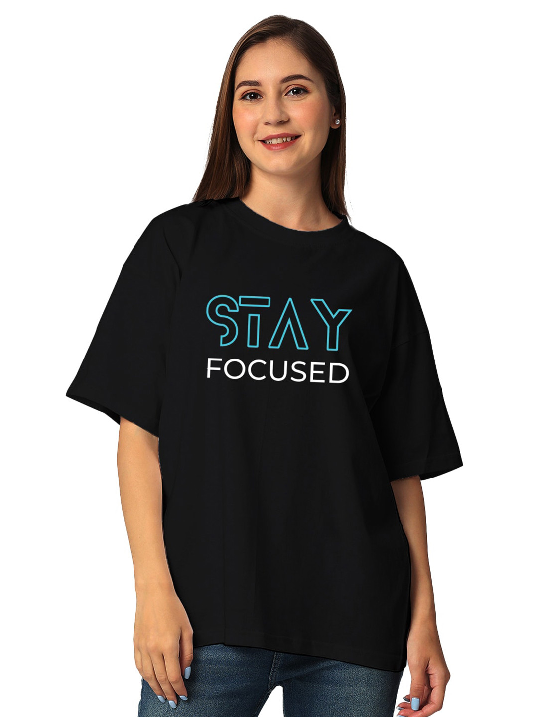 

STATUS MANTRA Women Pure Cotton Half Sleeves Printed Bio Finish Applique T-shirt, Black