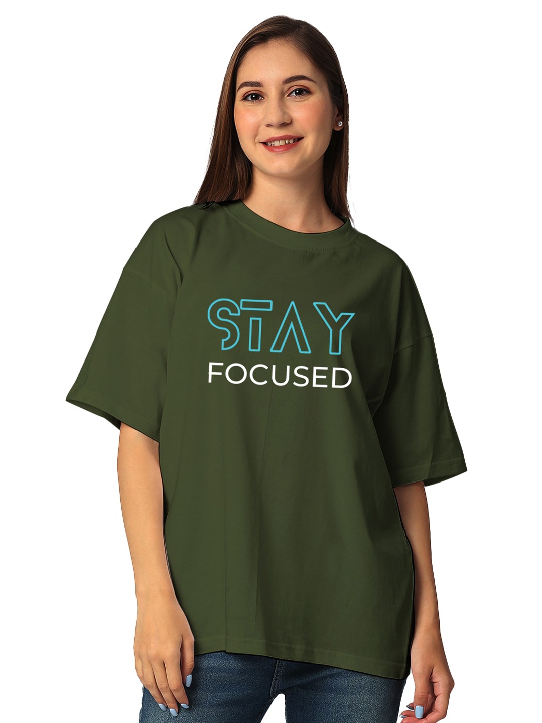 

STATUS MANTRA Women Pure Cotton Half Sleeves Applique T-shirt, Olive