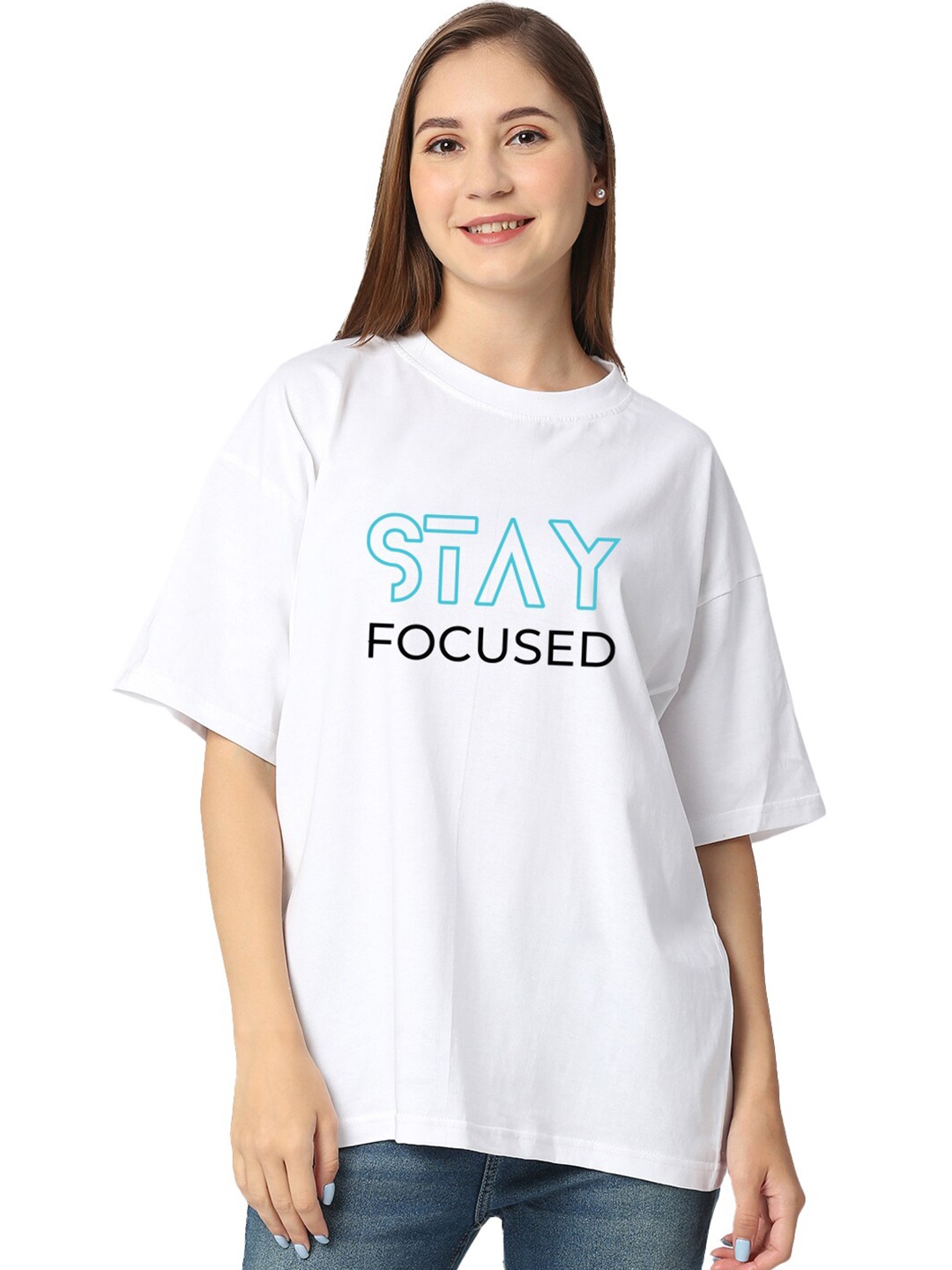 

STATUS MANTRA Women Pure Cotton Half Sleeves Applique T-shirt, White