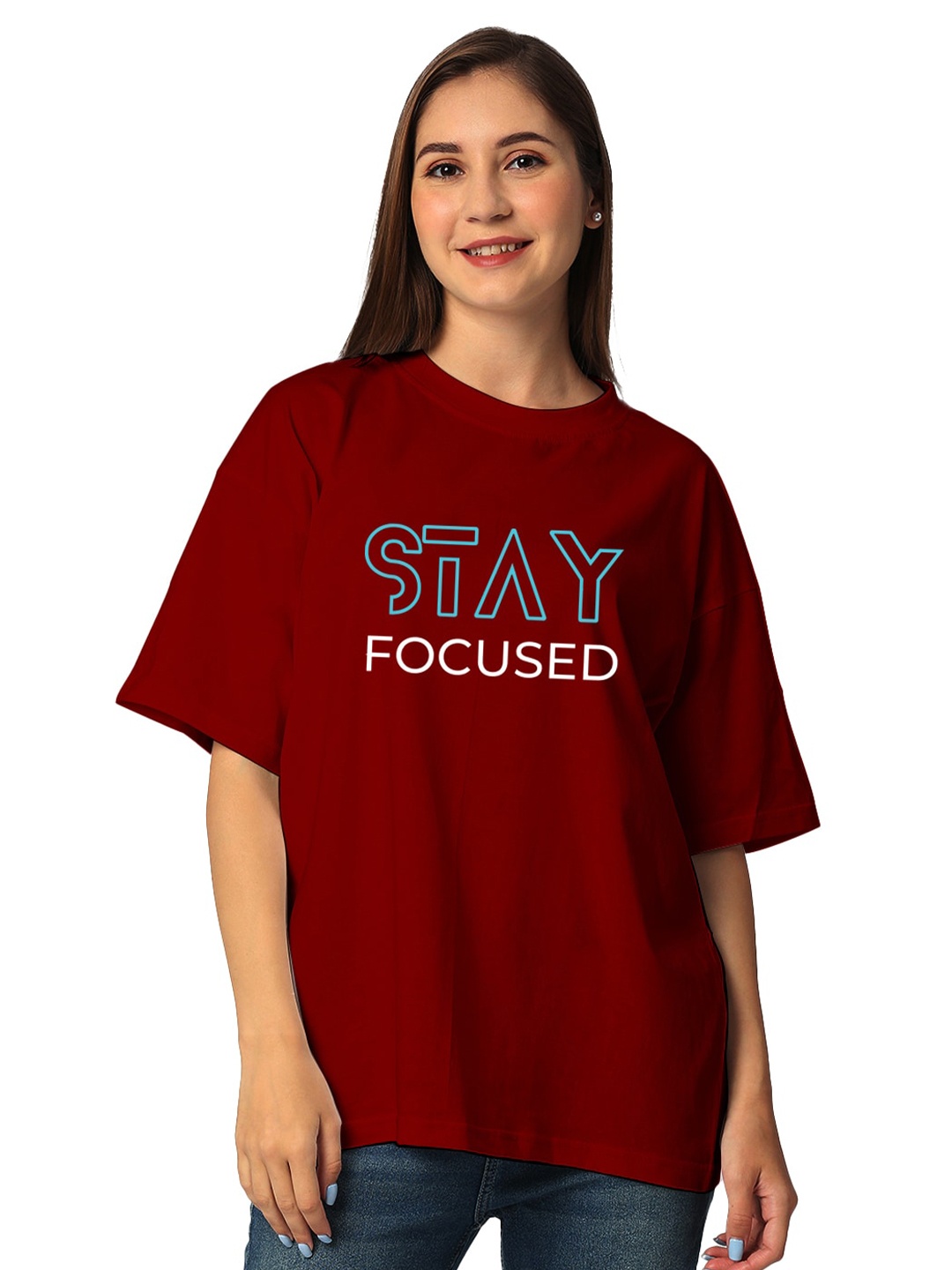 

STATUS MANTRA Women Pure Cotton Half Sleeves Applique T-shirt, Maroon