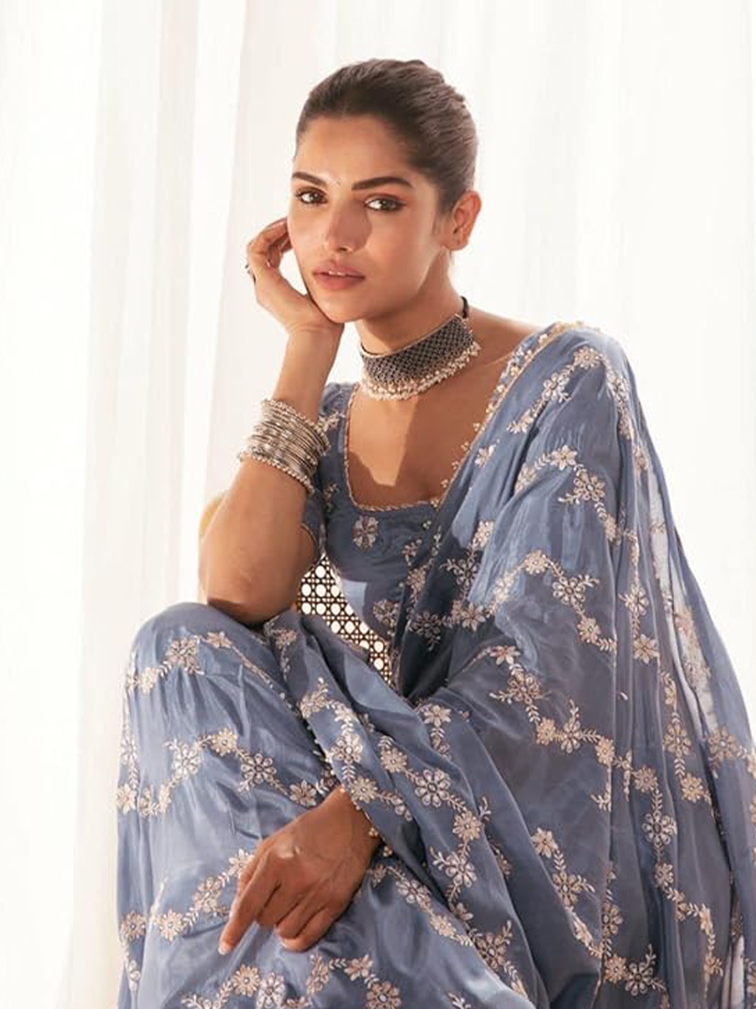 

ALAGINI Embroidered Pure Georgette Chanderi Saree, Blue