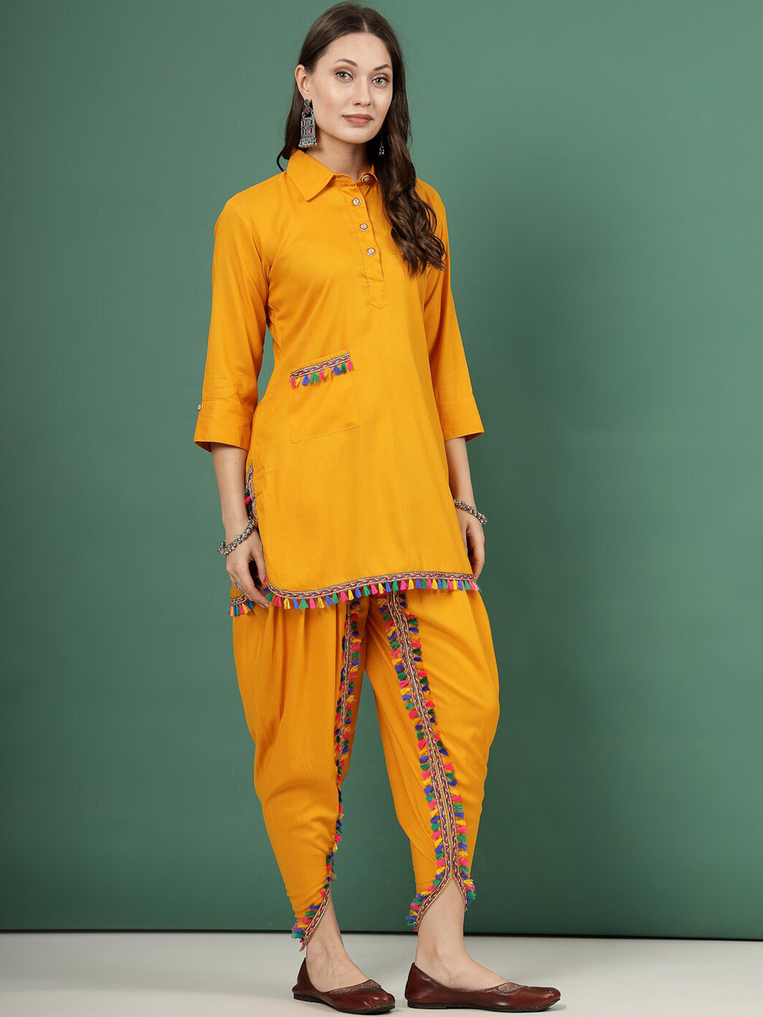 

Clora Creation shirt Collar Three-Quarter Sleeves Kurti with Dhoti Pants, Mustard
