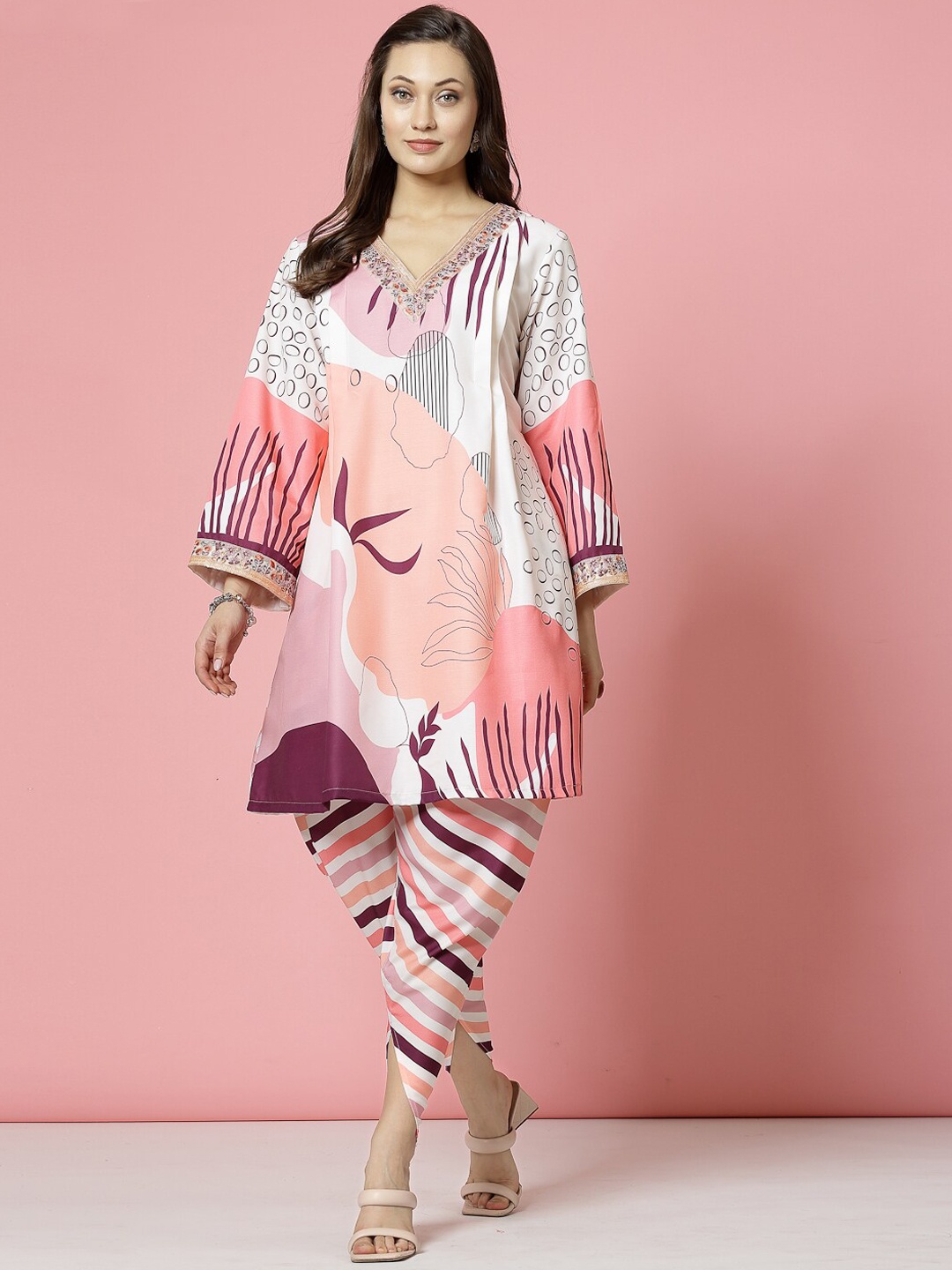 

Clora Creation Abstract Printed V-Neck Long Sleeves A-Line Kurta with Dhoti Pants, Peach