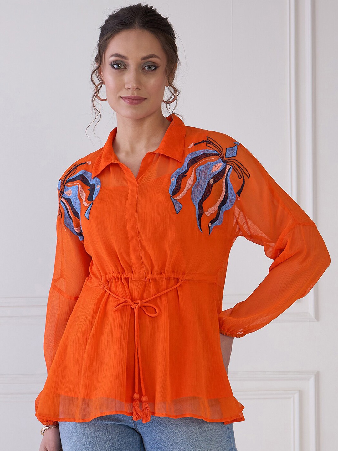 

Antheaa Embroidered Floral Shirt Collar Extended Sleeves Semi Sheer Peplum Top, Orange