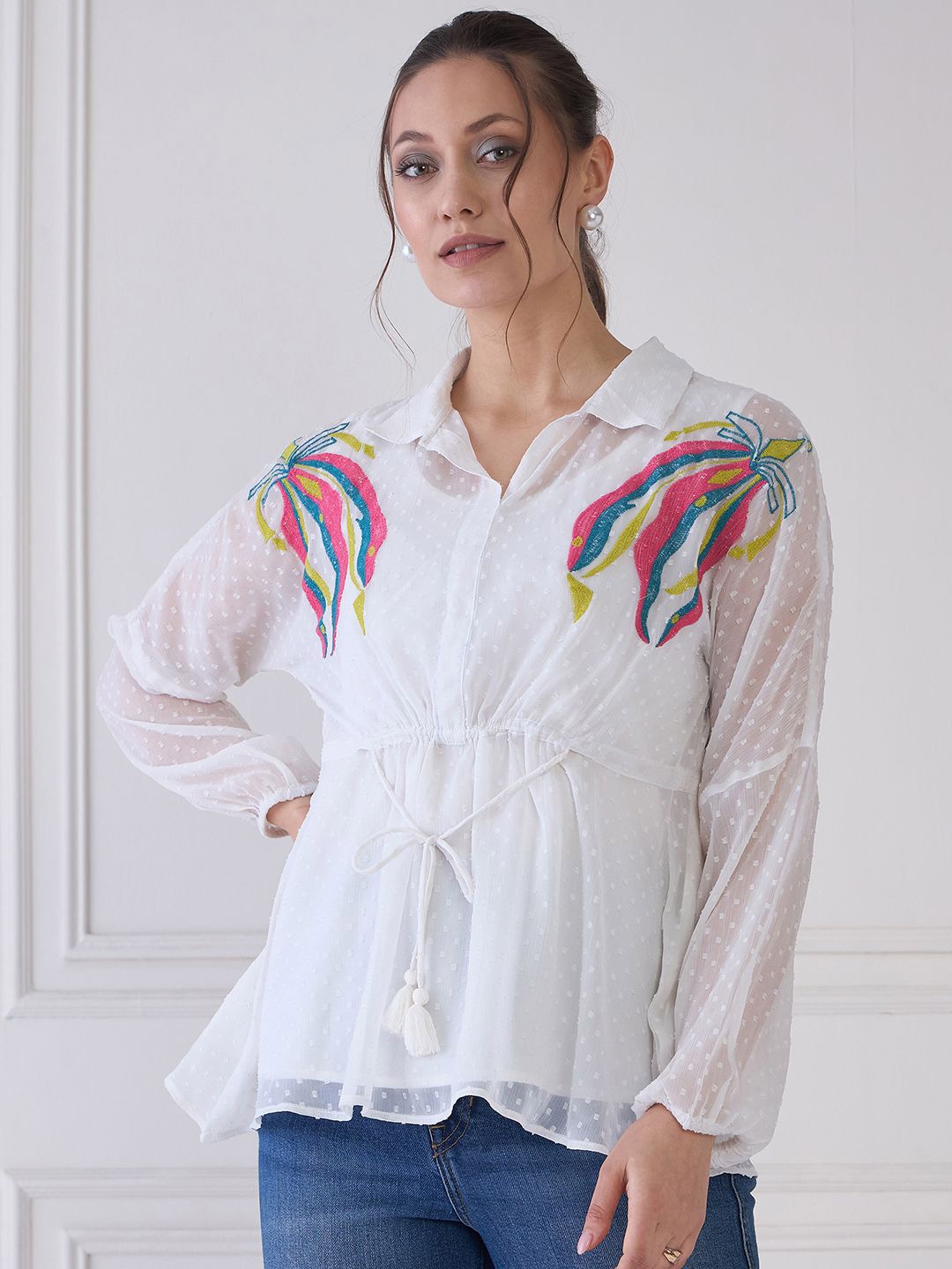 

Antheaa Striped Puff Sleeve Chiffon Cinched Waist Top, White