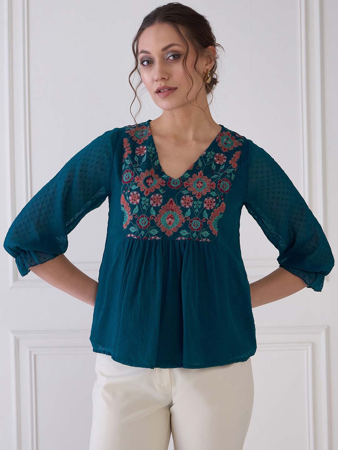 

Antheaa Floral Print Chiffon Top, Teal