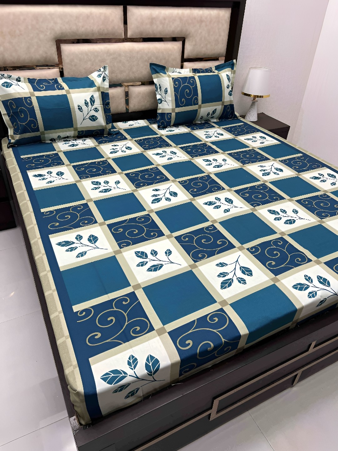 

Pure Decor White & Blue Floral Cotton 300 TC King Bedsheet with 2 Pillow Covers
