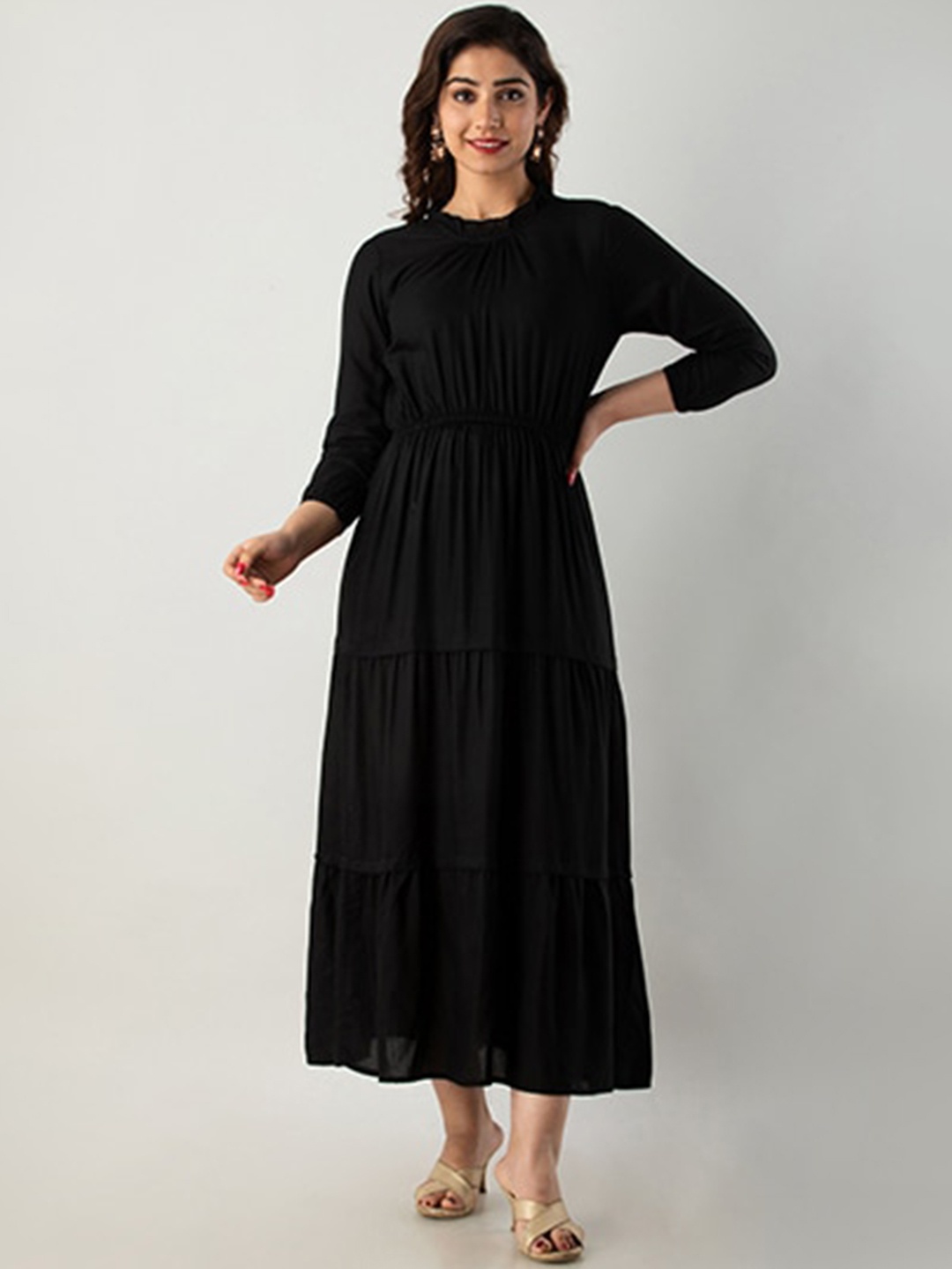 

SHOOLIN Round Neck Three Quarter Puff Sleeves A-Line Dresses, Black