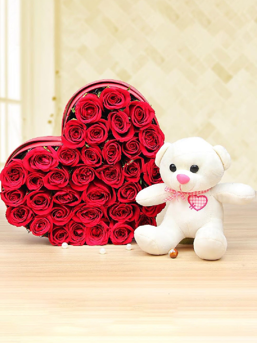 

Floweraura Bouquet Fresh Live 35 Red Roses In Heart Shape Box With Cute Teddy Bear