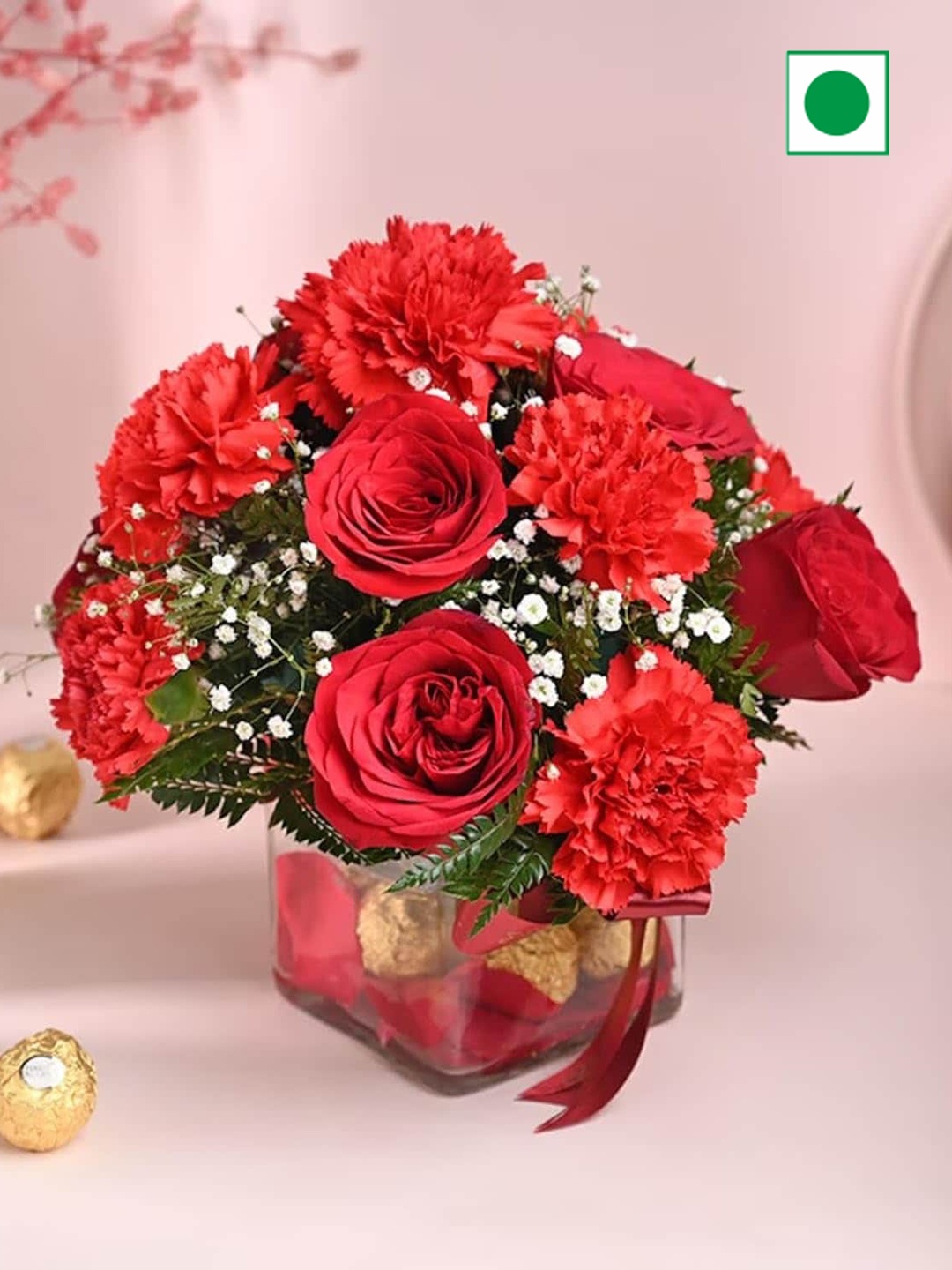 

Floweraura Set of 2 Roses & Carnations in Glass Vase With Chocolates, Red