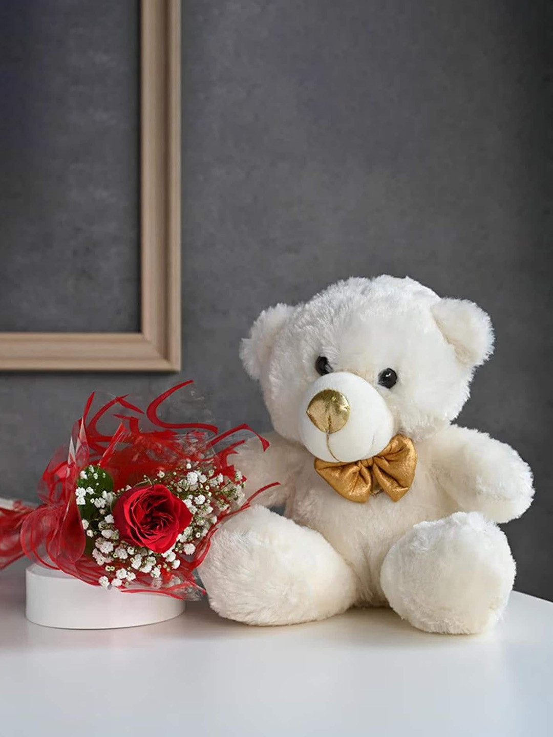 

Floweraura Red & White Romantic Fresh Live Single Red Rose Flower Bouquet With Cute Teddy
