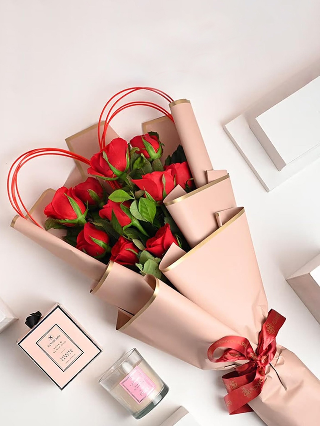 

Floweraura 10 Pieces Flower Bouquet Fresh Live Roses With Scented Candle, Red