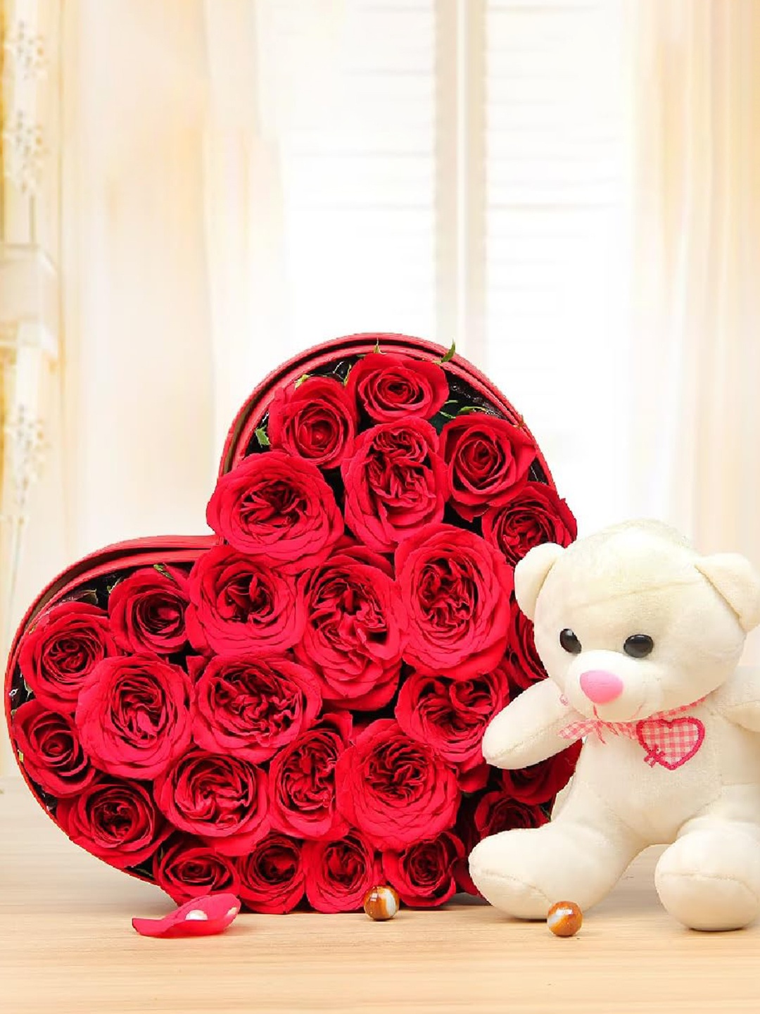 

Floweraura 25-Pcs Red & White Fresh Live Roses In Heart Shape Box With Cute Teddy Bear
