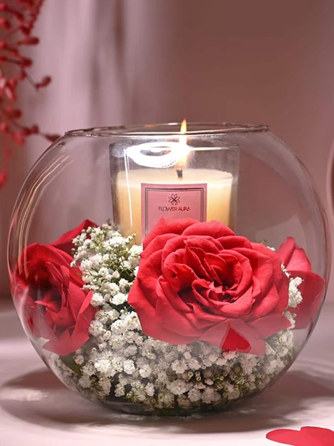 Floweraura Red 7 Pieces Glass Flowers Bouquet Fresh Live Roses With Candle In Fish Bowl