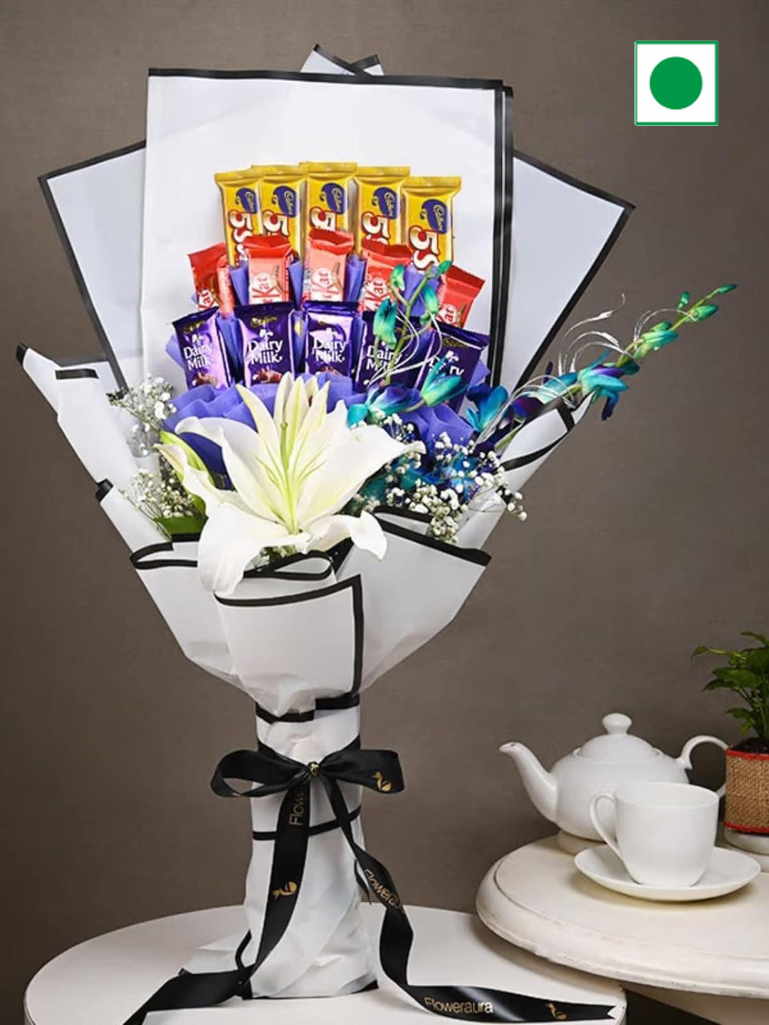

Floweraura 1 White Lily Flower With 15 Chocolates Bouquet