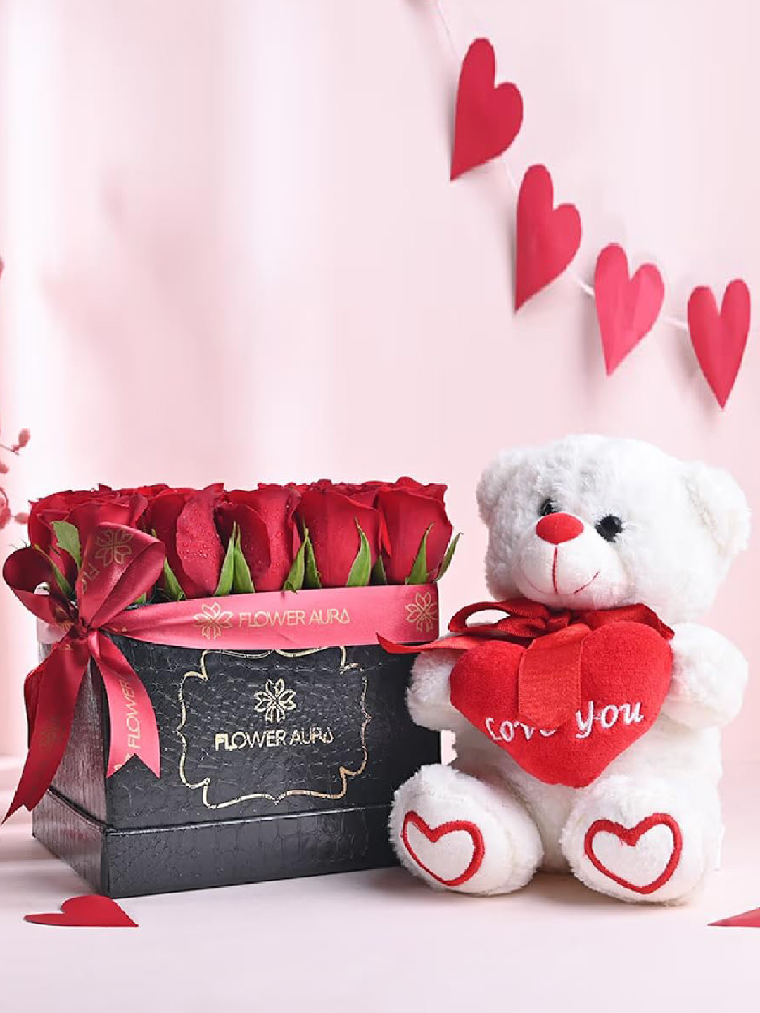 

Floweraura Red 21 Pieces Special Love Flowers Bouquet Fresh Live Roses In Box With Teddy