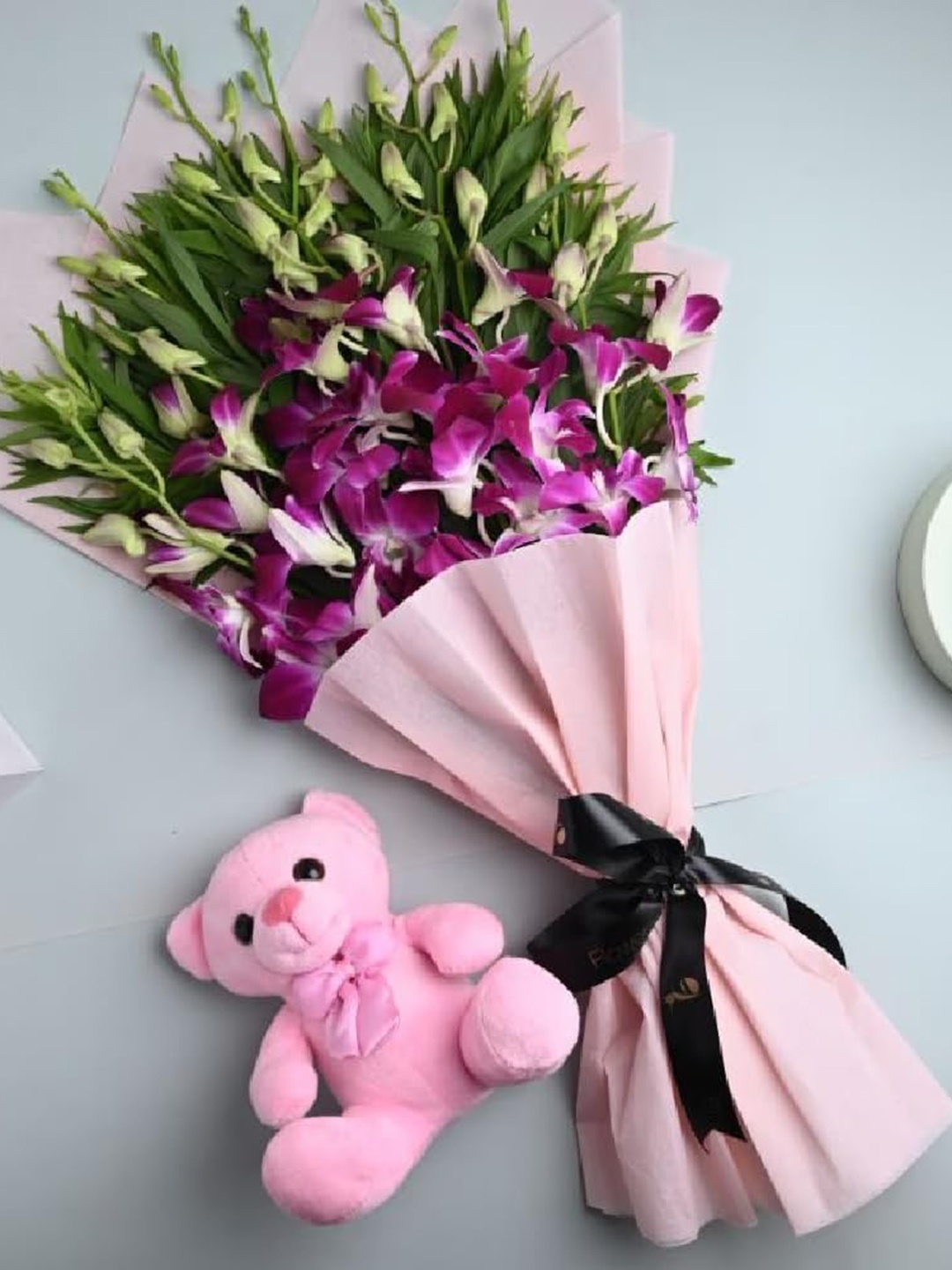 Floweraura Purple 7 Pieces Fresh Live Orchids With Teddy