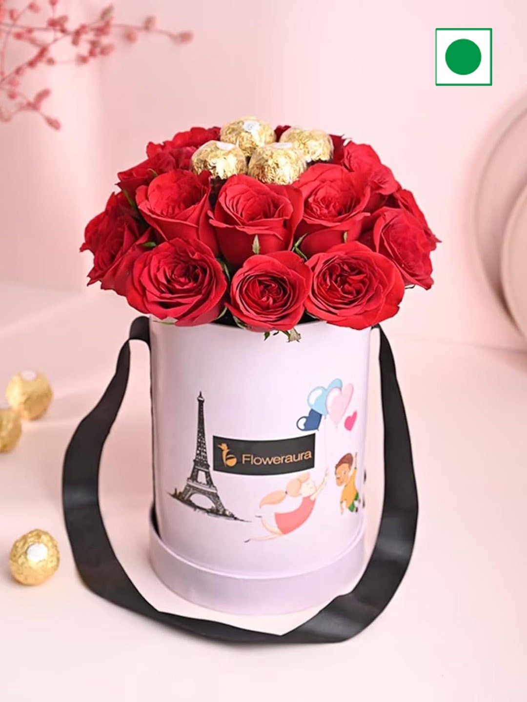 

Floweraura Love Special Bunch of Fresh Live 15 Red Roses Flowers With 4 Chocolates In Box