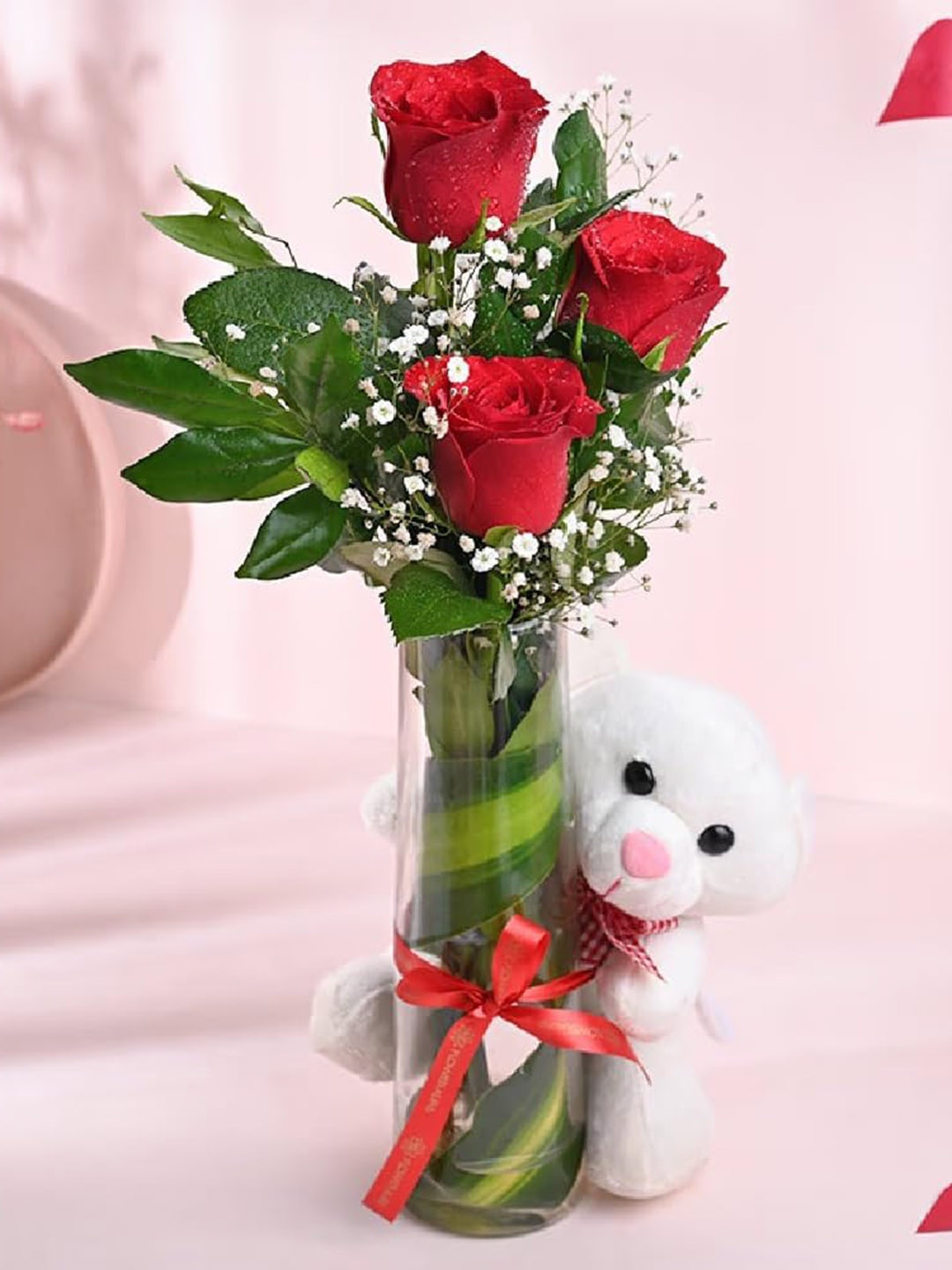 Floweraura 3-Pcs Red Fresh Live Roses In Glass Vase With Cute Teddy
