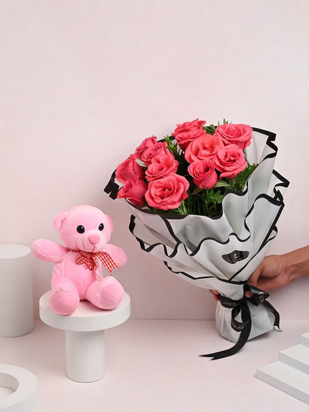 

Floweraura 12 Pink Rose Flower Bouquet With Cute Teddy, Red
